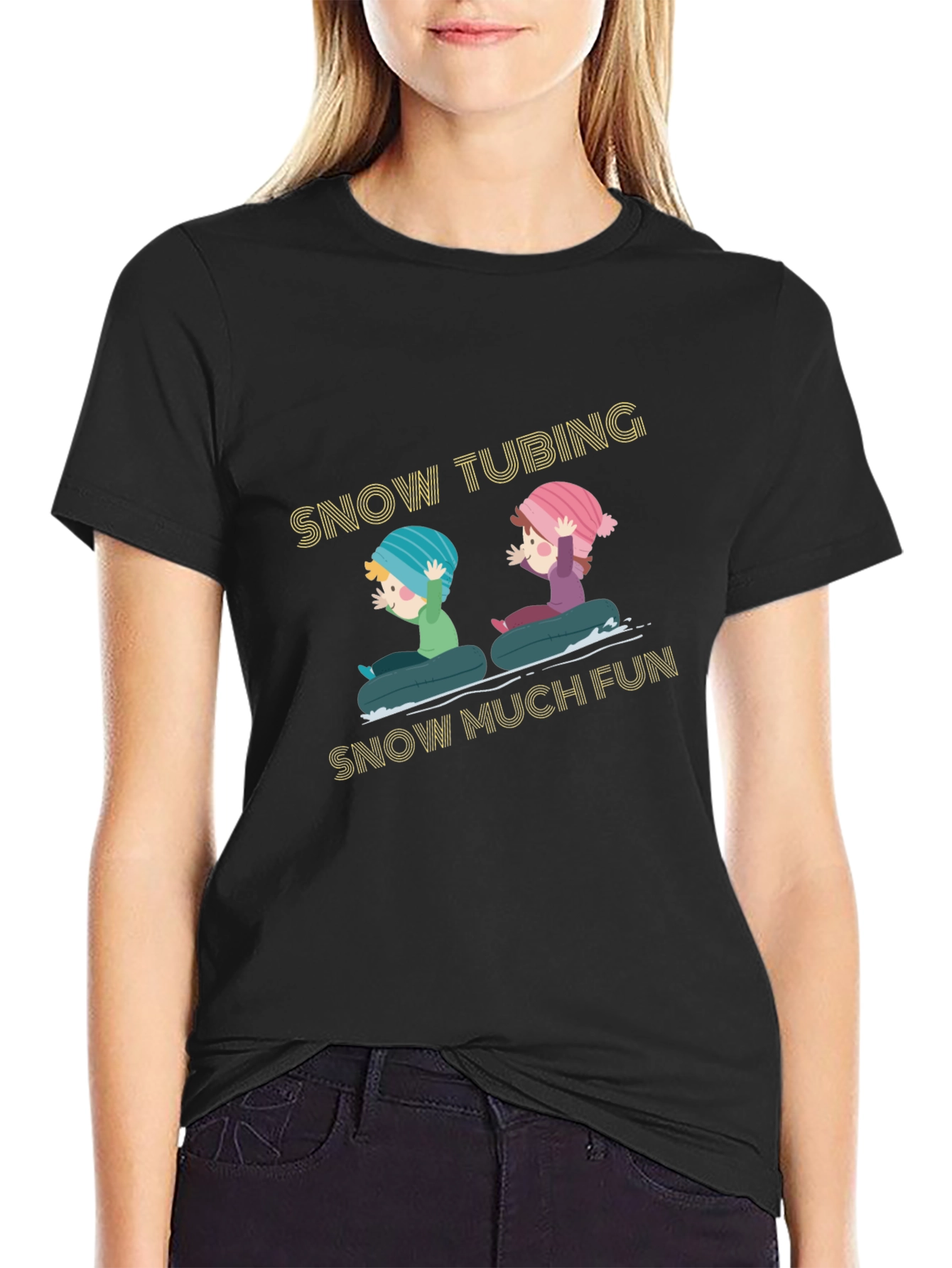 Black Snow Tubing Graphic Tee - Winter Fun T-Shirt view 2