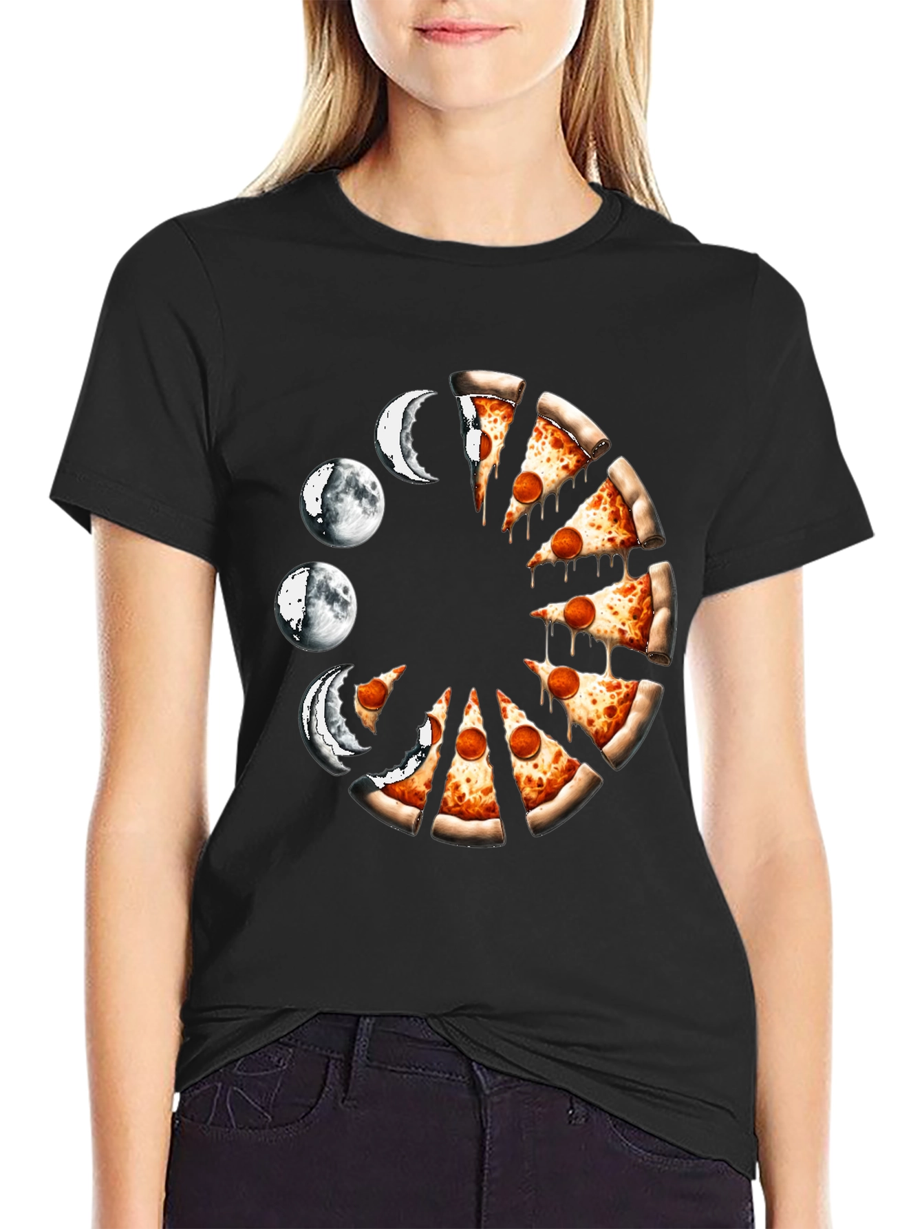 Black Pizza Moon Phases Graphic Tee view 2
