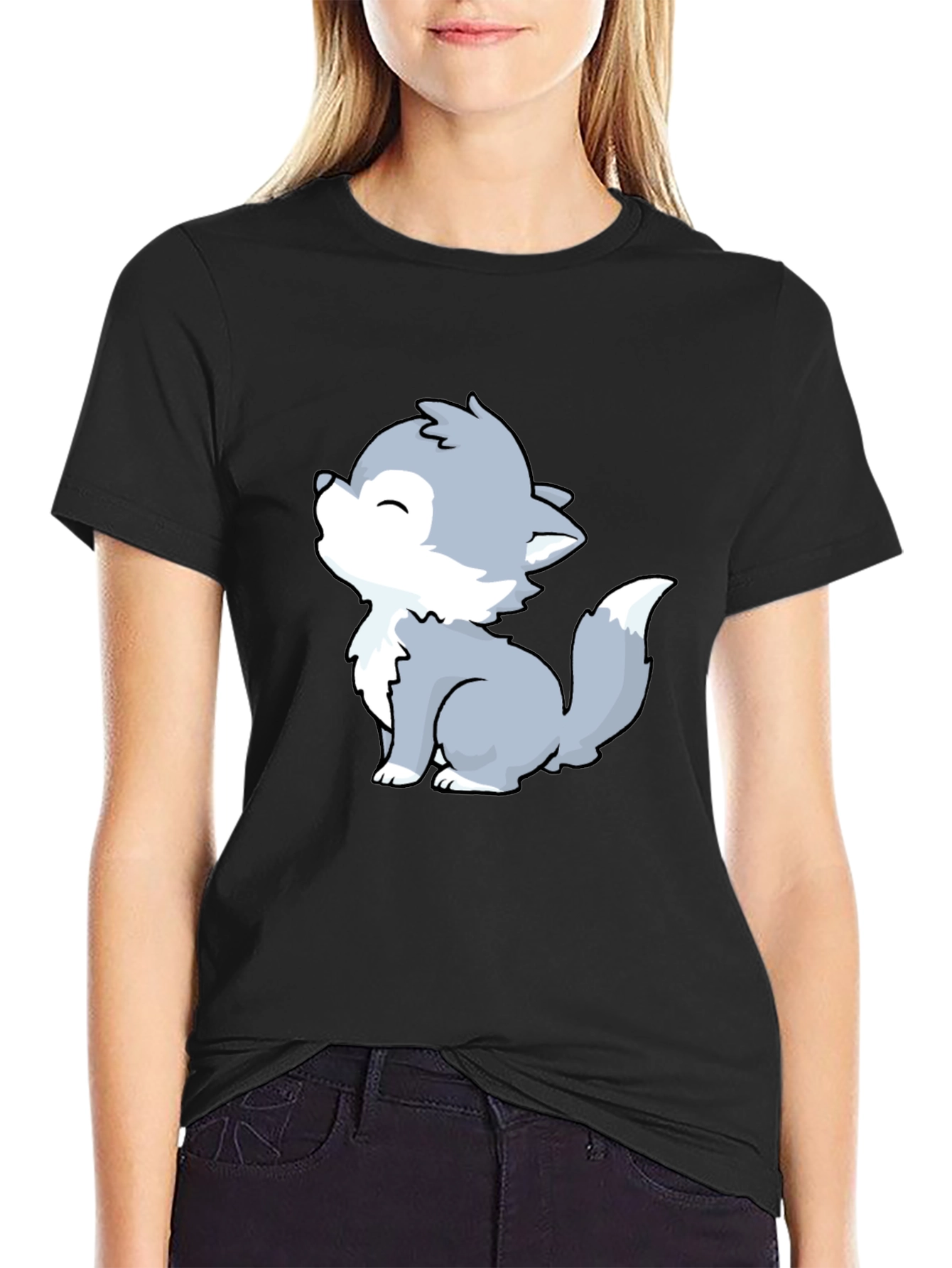 Black Cute Wolf Graphic Tee - Men's Black T-Shirt view 2