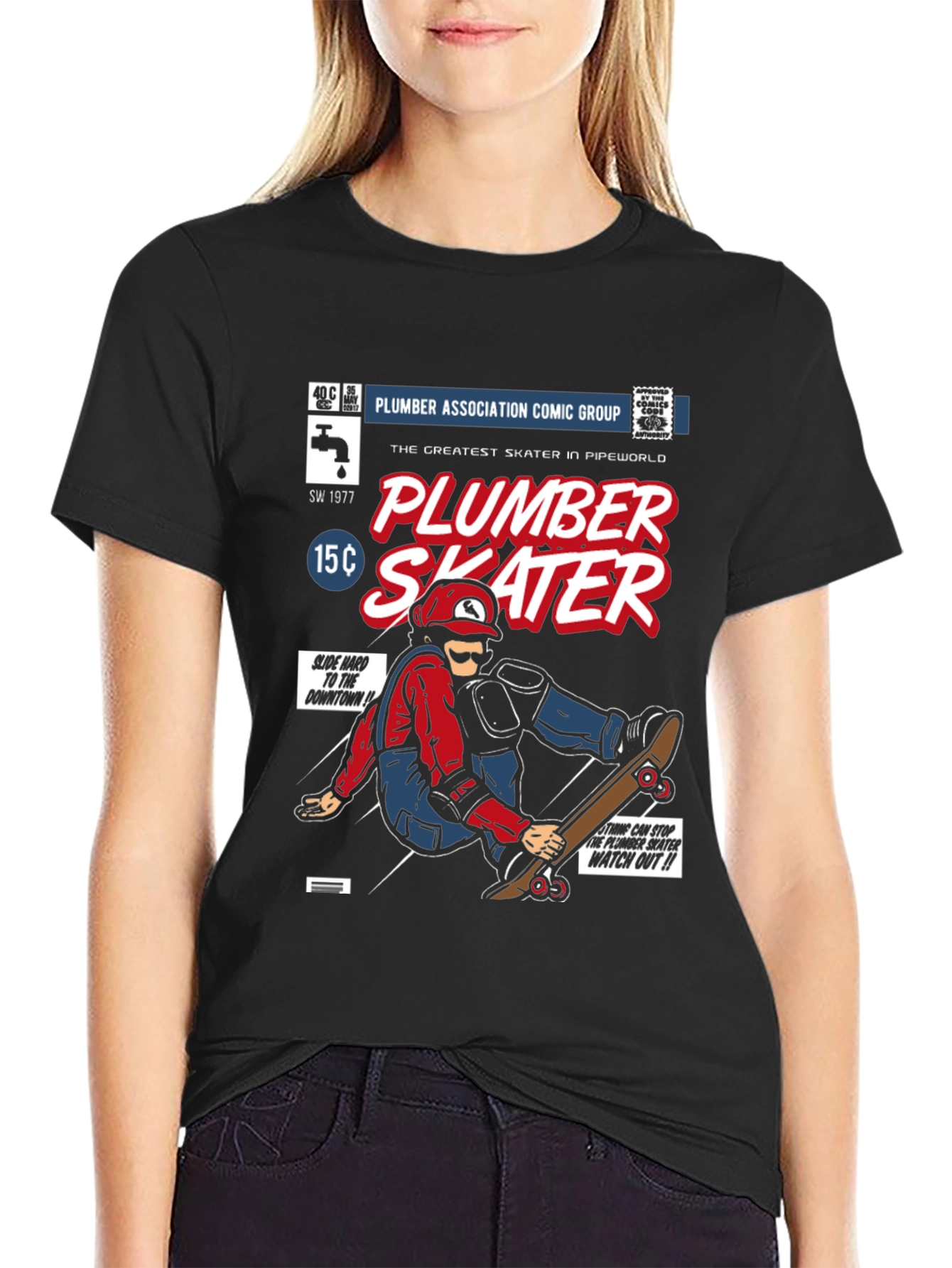 Black Plumber Skater Comic T-Shirt - Black Cotton Graphic Tee view 2
