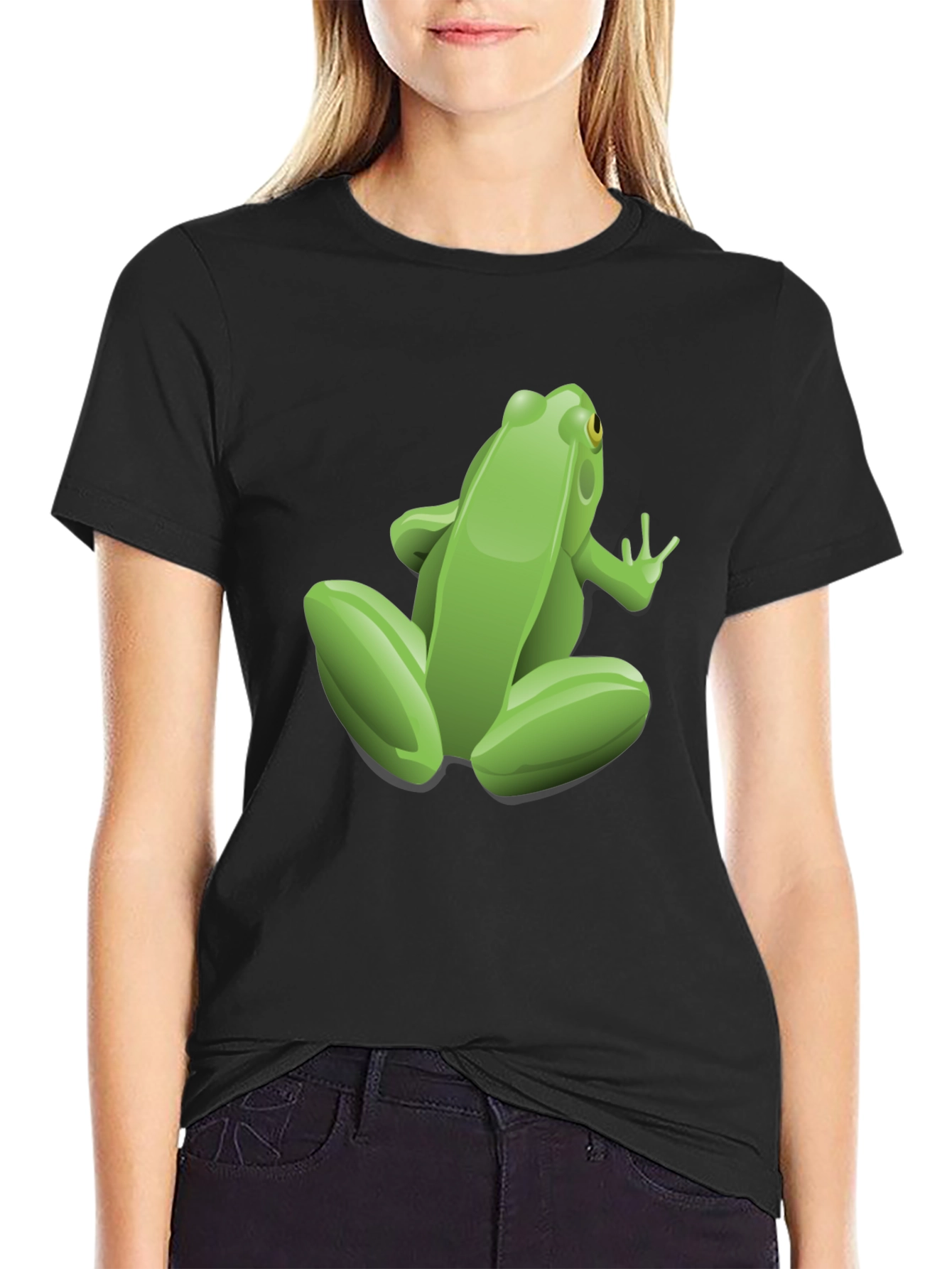Black Green Frog Graphic Print Black T-Shirt view 2