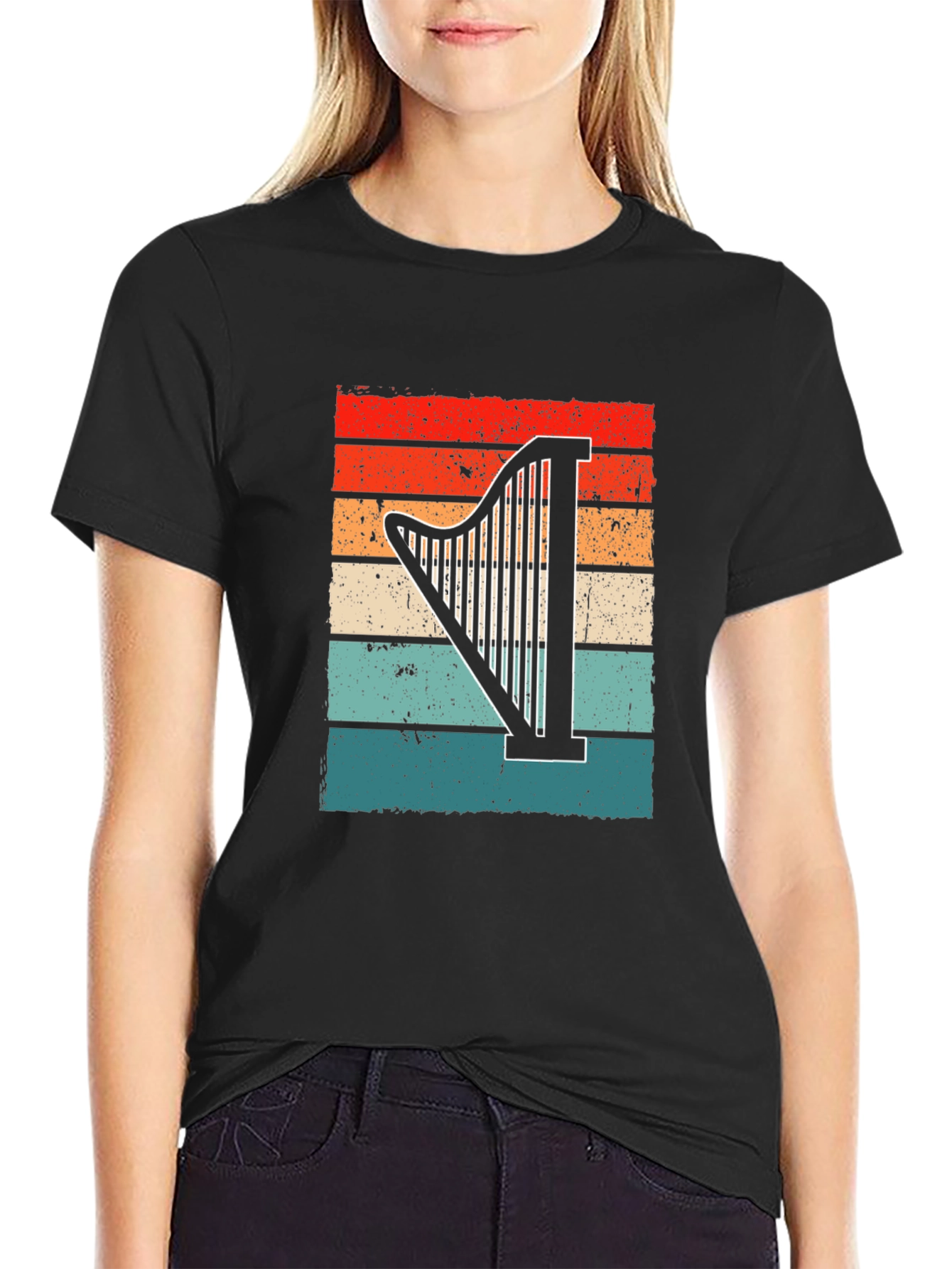 Black Vintage Harp Sunset Graphic T-Shirt view 2