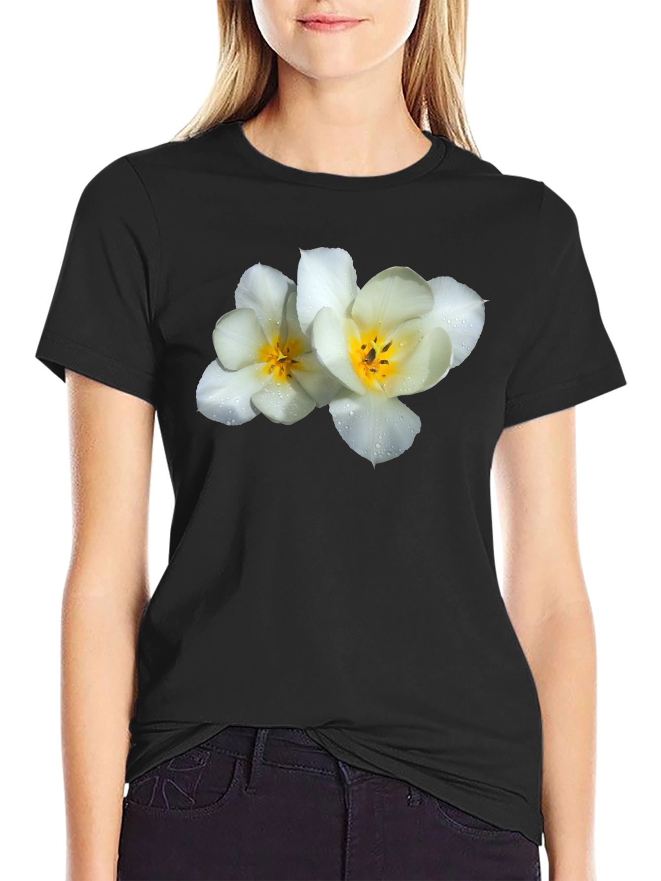 Black Floral Graphic Tee - White Flowers on Black view 2