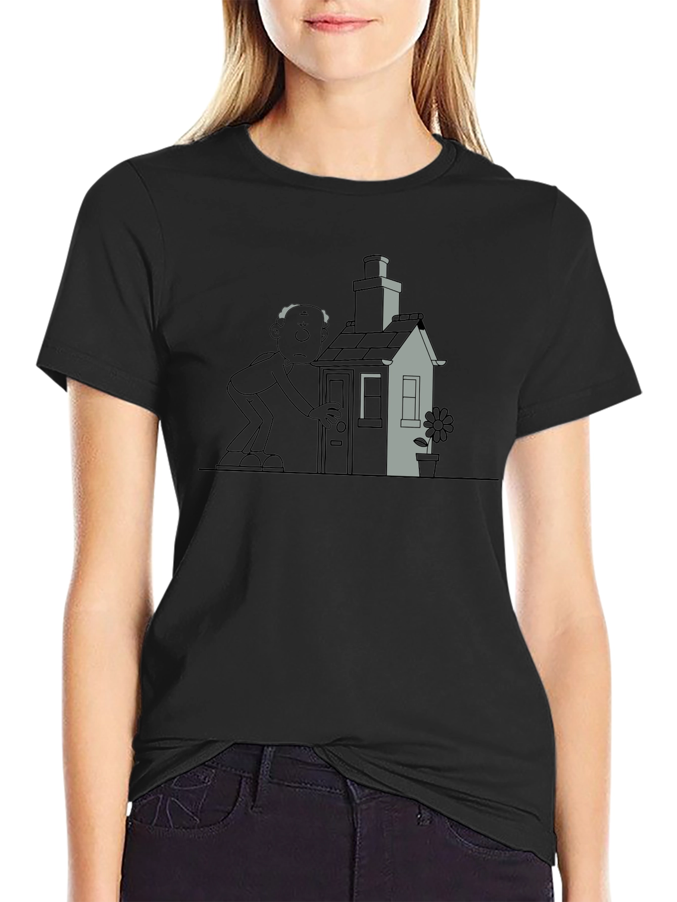 Black Cartoon House & Man Black T-Shirt view 2