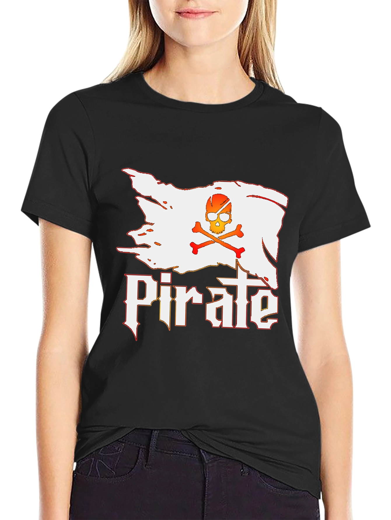Black Pirate Skull Graphic T-Shirt - Black Cotton Tee view 2