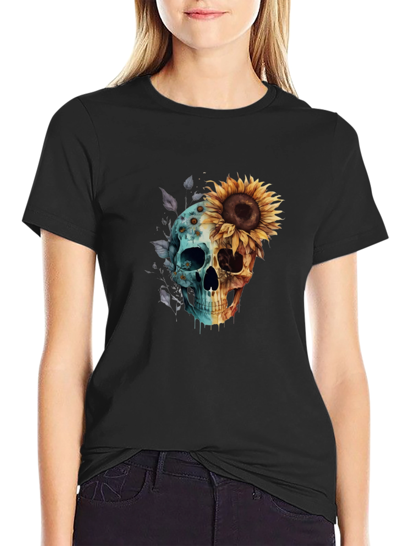 Black Sunflower Skull Graphic Tee - Men's Black T-Shirt view 2
