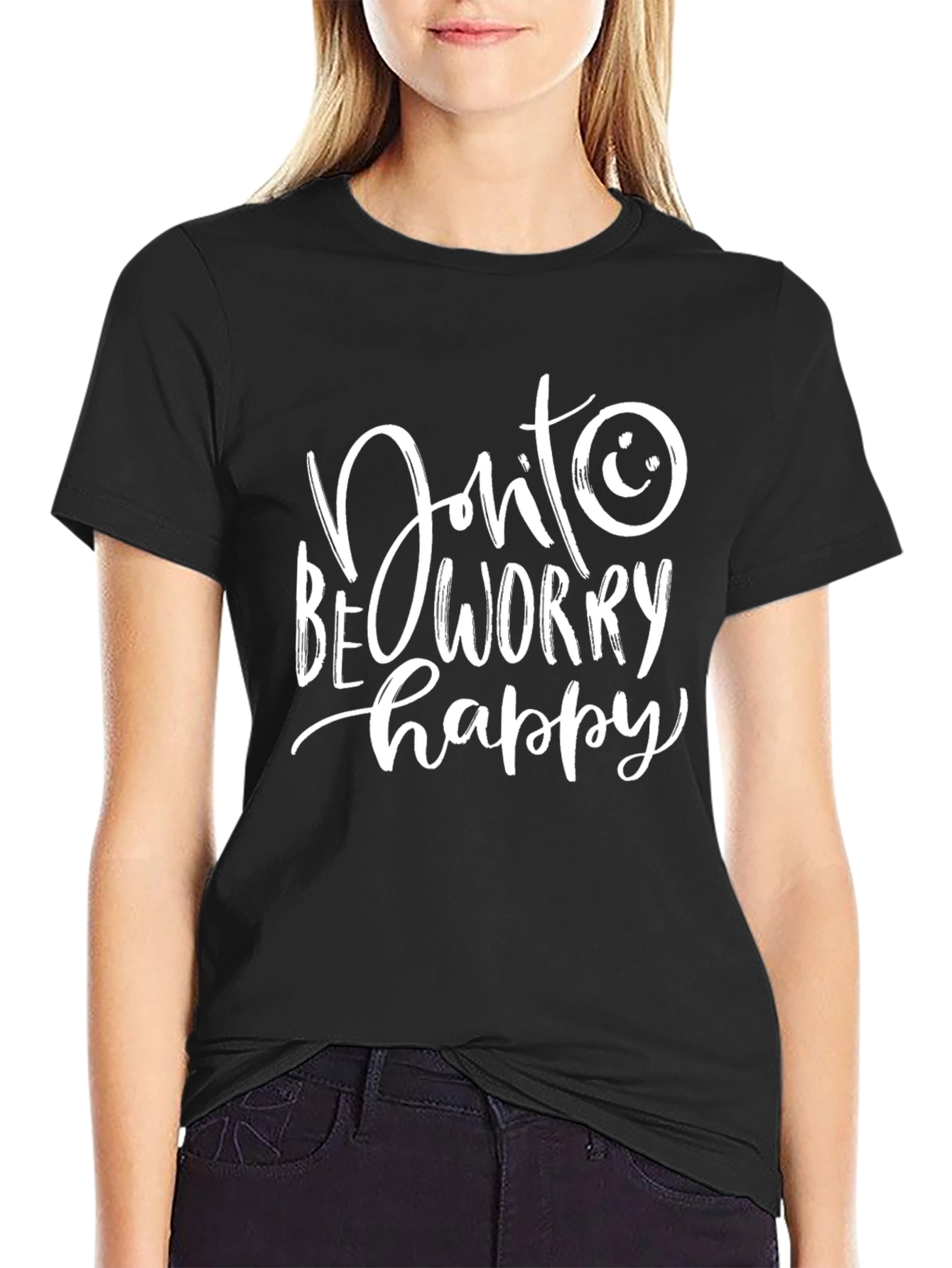 Black Don't Worry Be Happy T-Shirt - Black Cotton Casual Tee view 2