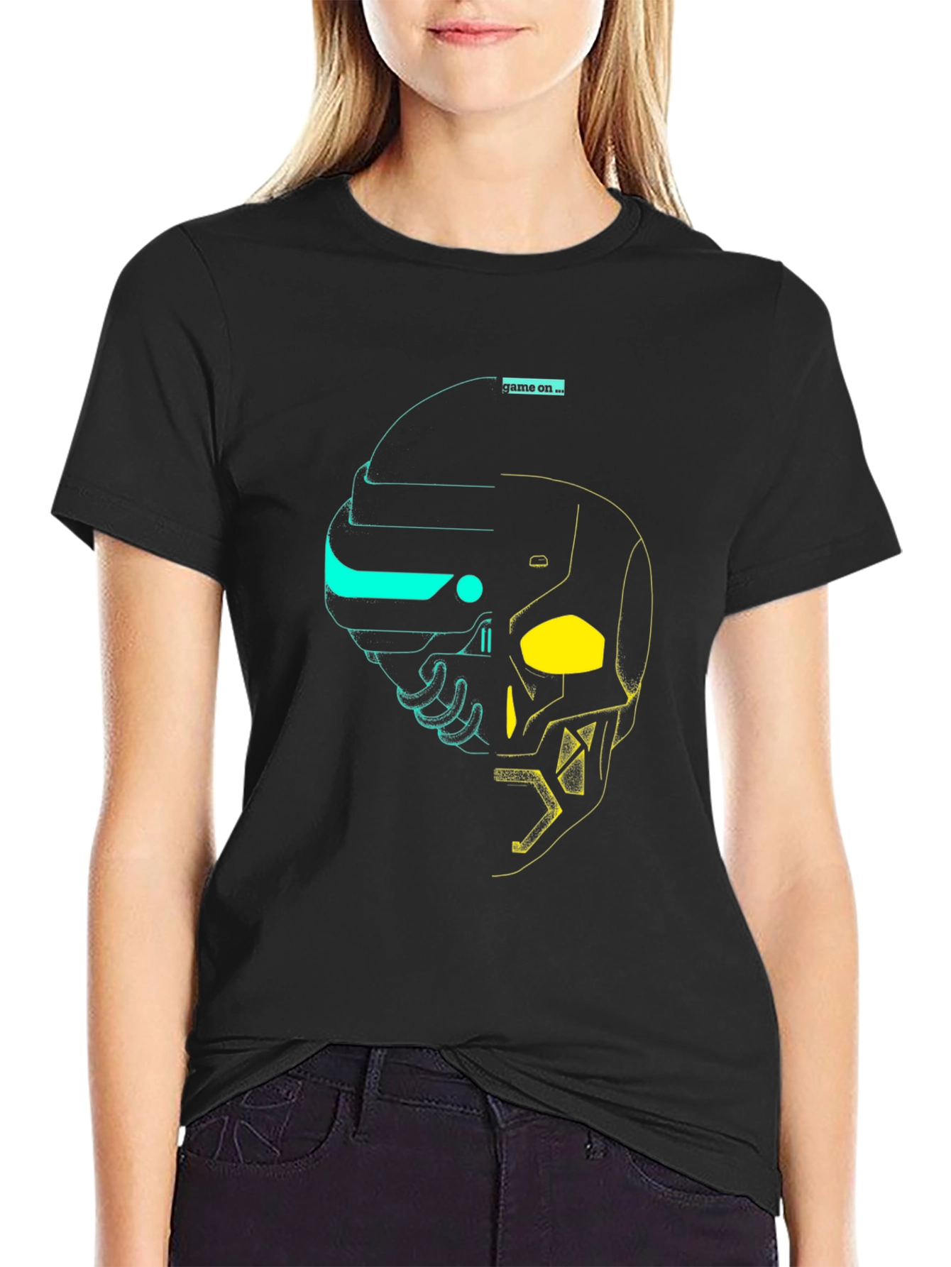 Black Game On Tee: Cyberpunk Skull Graphic T-Shirt view 2