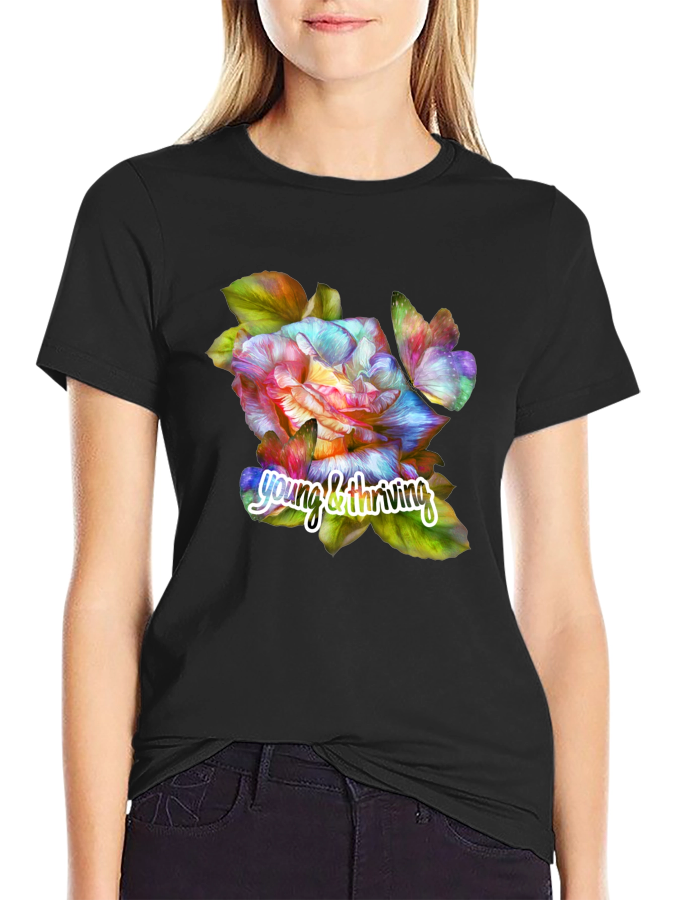 Black Young & Thriving Floral Graphic T-Shirt view 2