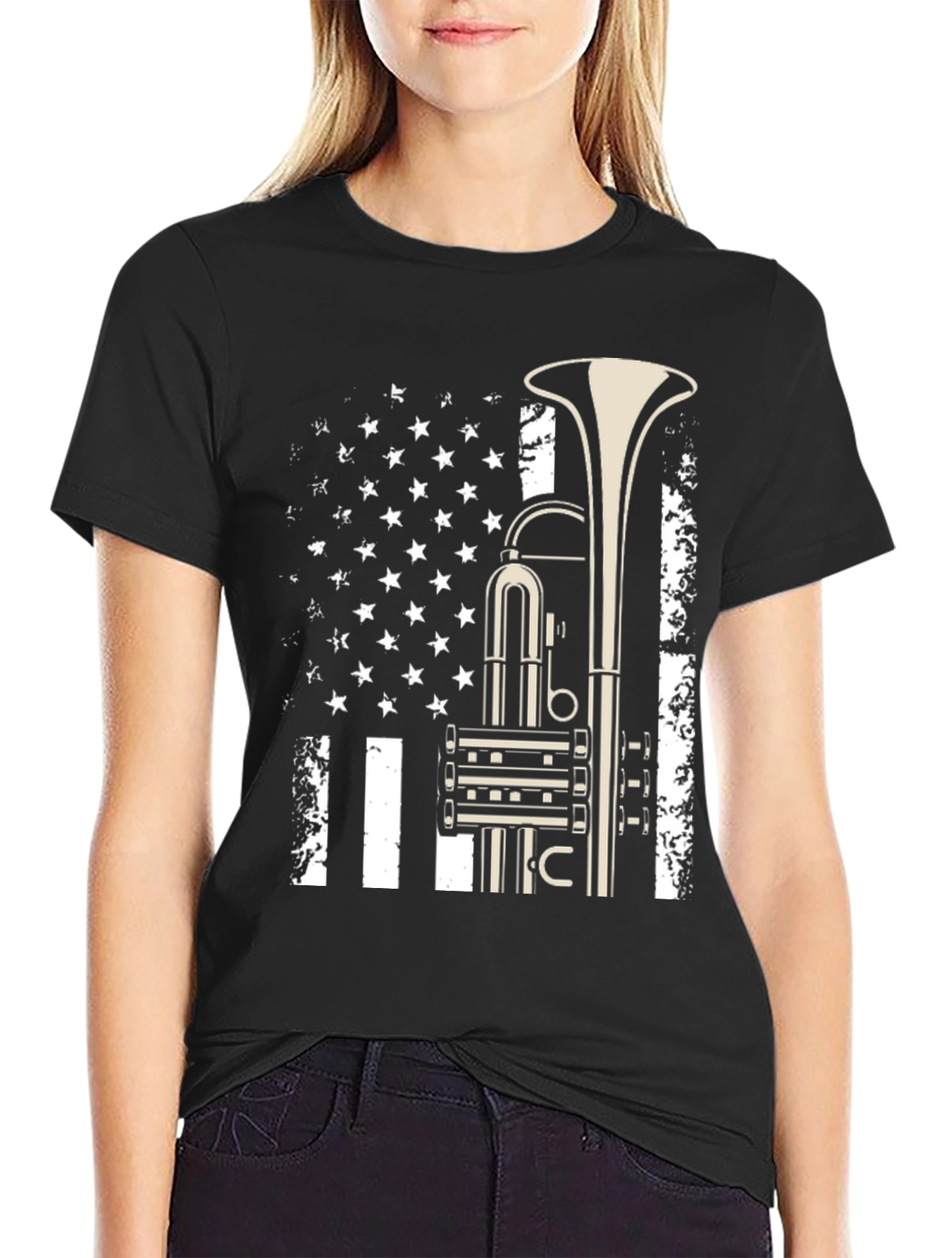 Black Trumpet Flag Graphic Tee - Music Lover Shirt view 2