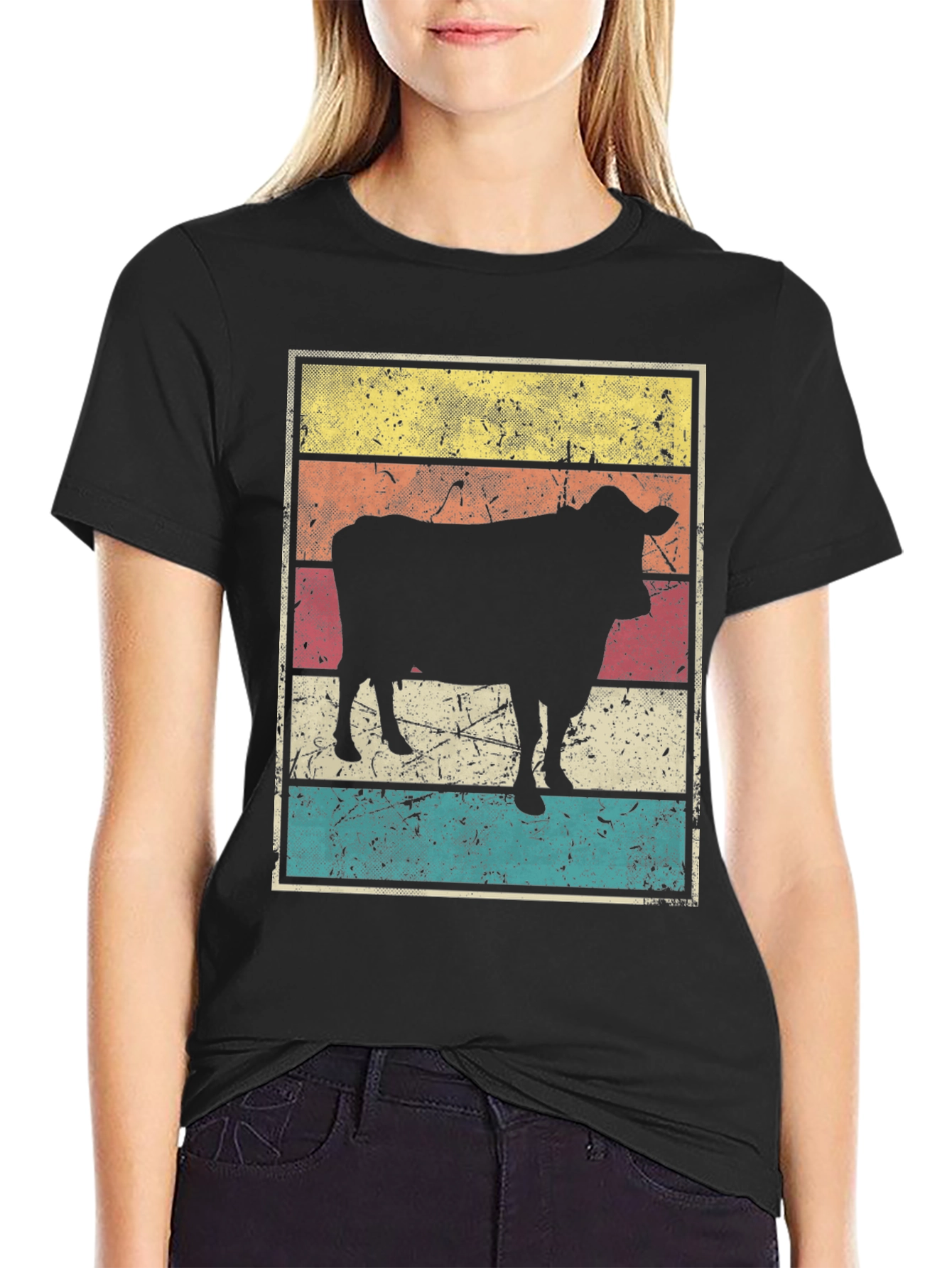 Black Retro Cow Graphic T-Shirt view 2
