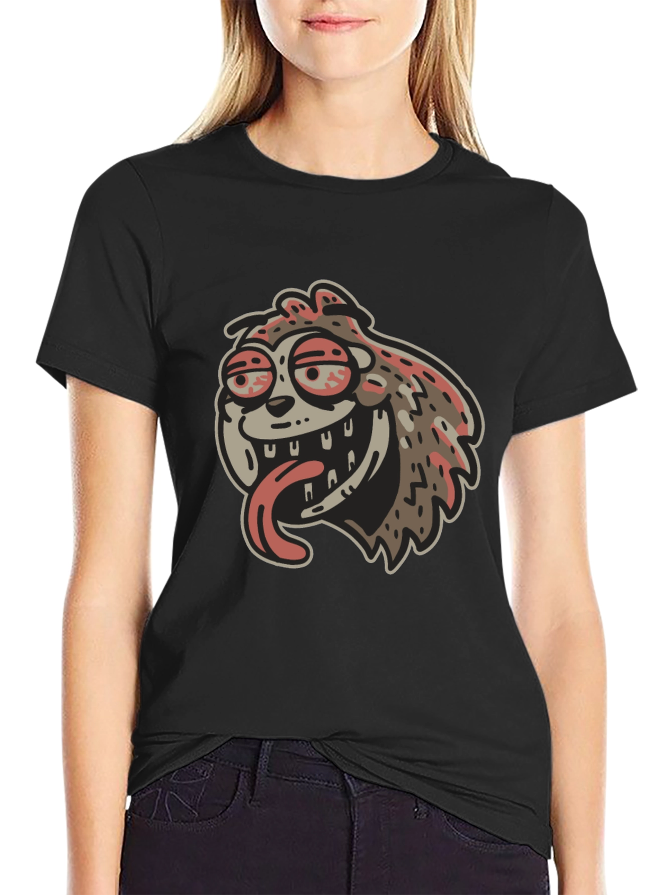 Black Cartoon Sloth Graphic Black T-Shirt view 2