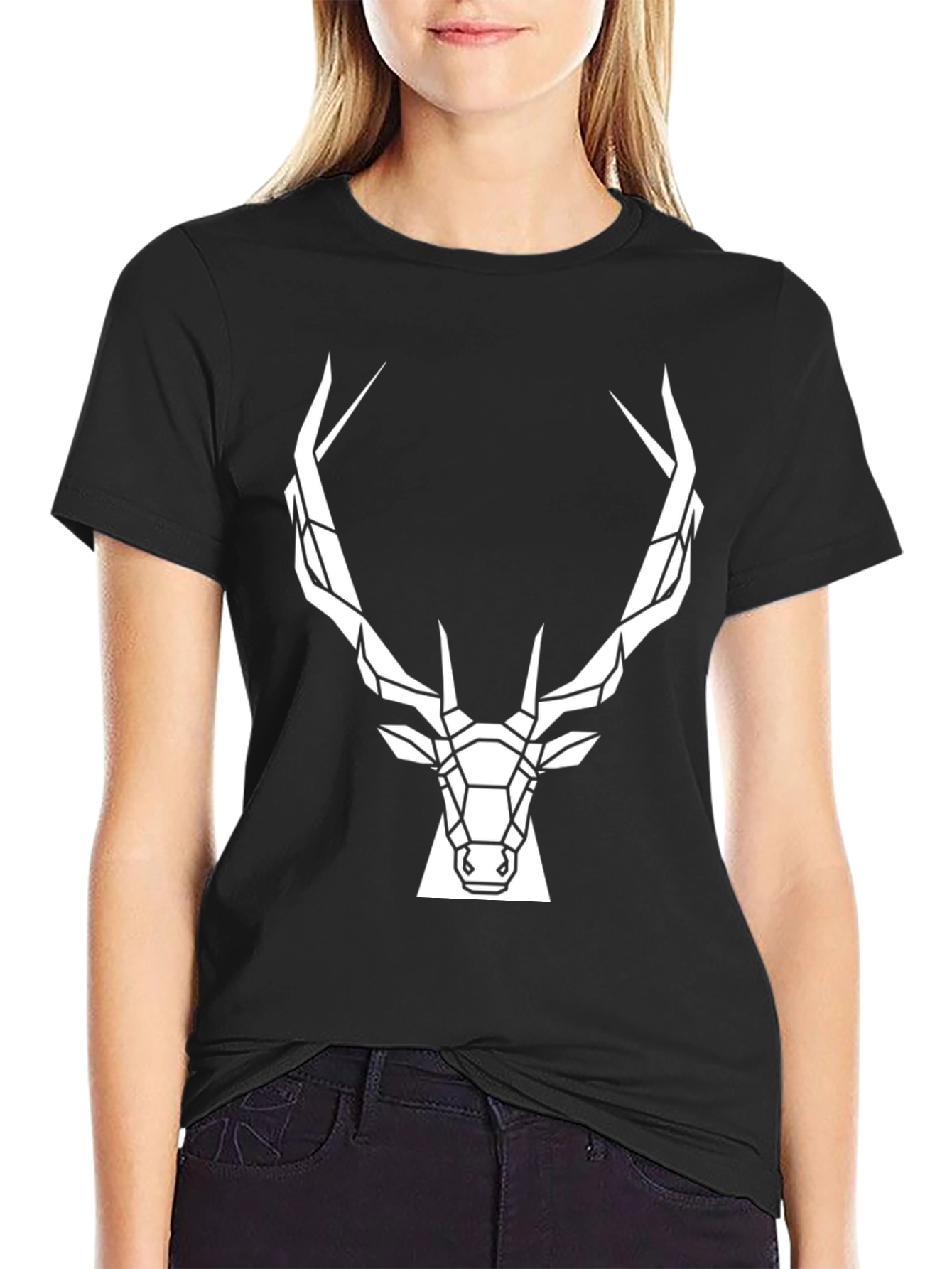 Black Geometric Deer Head T-Shirt - Modern Graphic Tee view 2