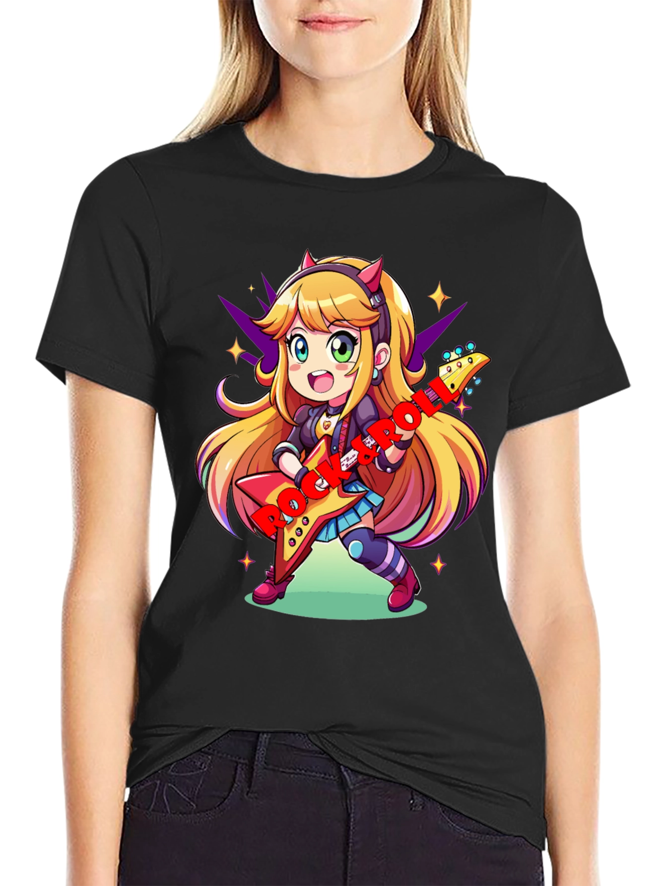 Black Anime Girl Guitarist Black T-Shirt view 2