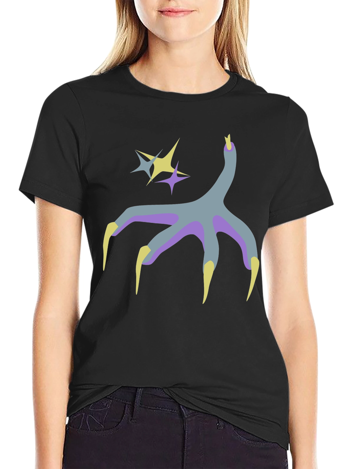 Black Graphic Print Tee - Bird Claw and Stars Design view 2