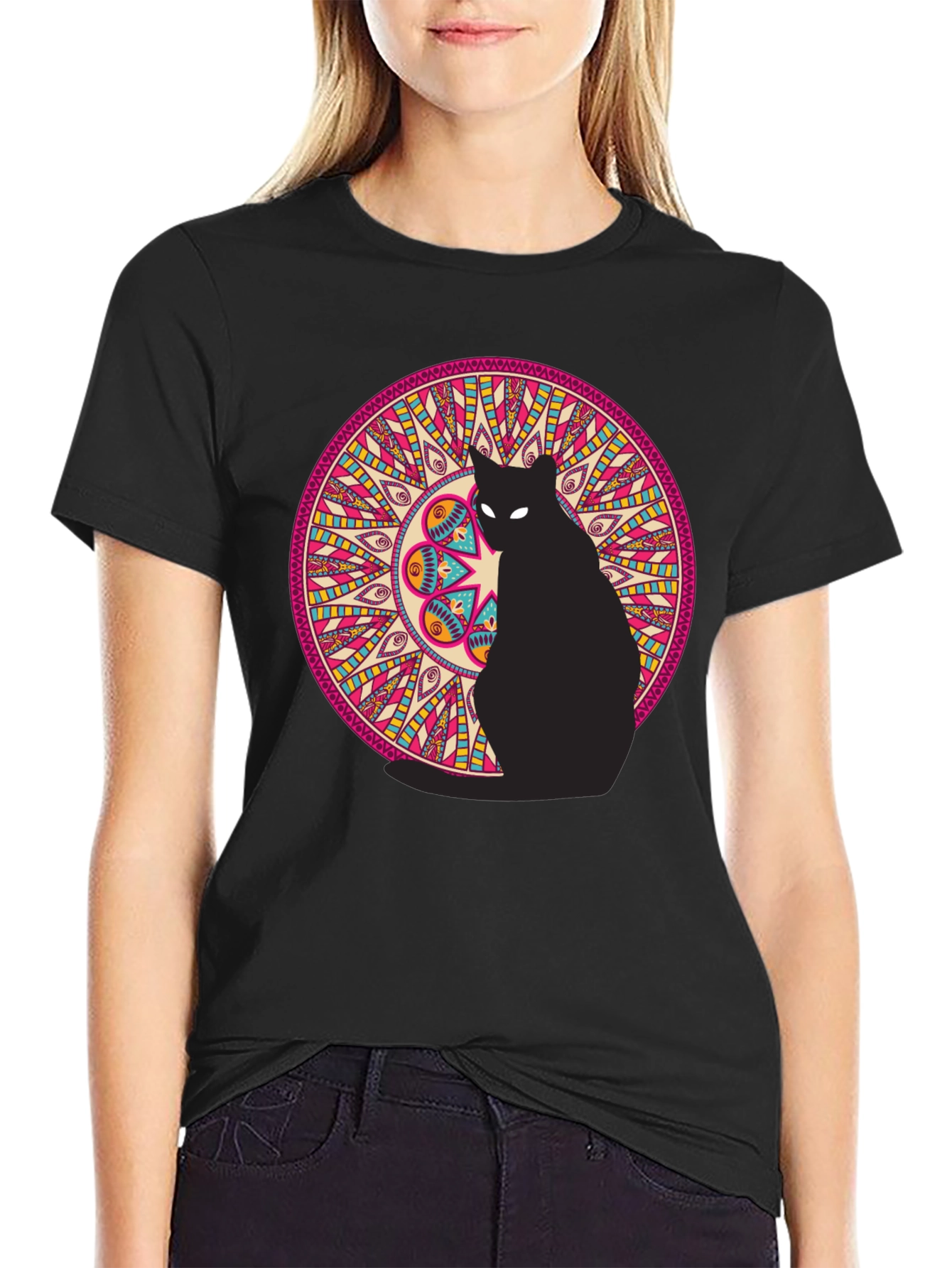 Black Black Cat Mandala Graphic Tee view 2