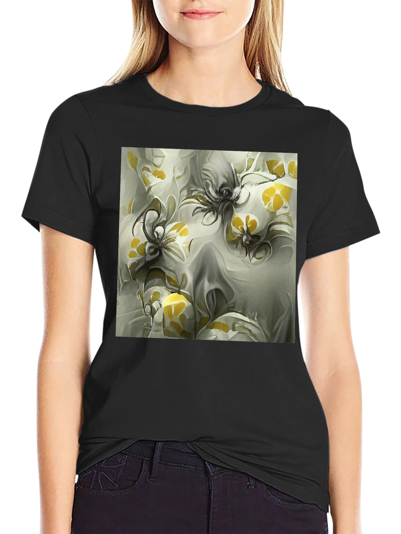 Black Abstract Floral Print Black T-Shirt view 2