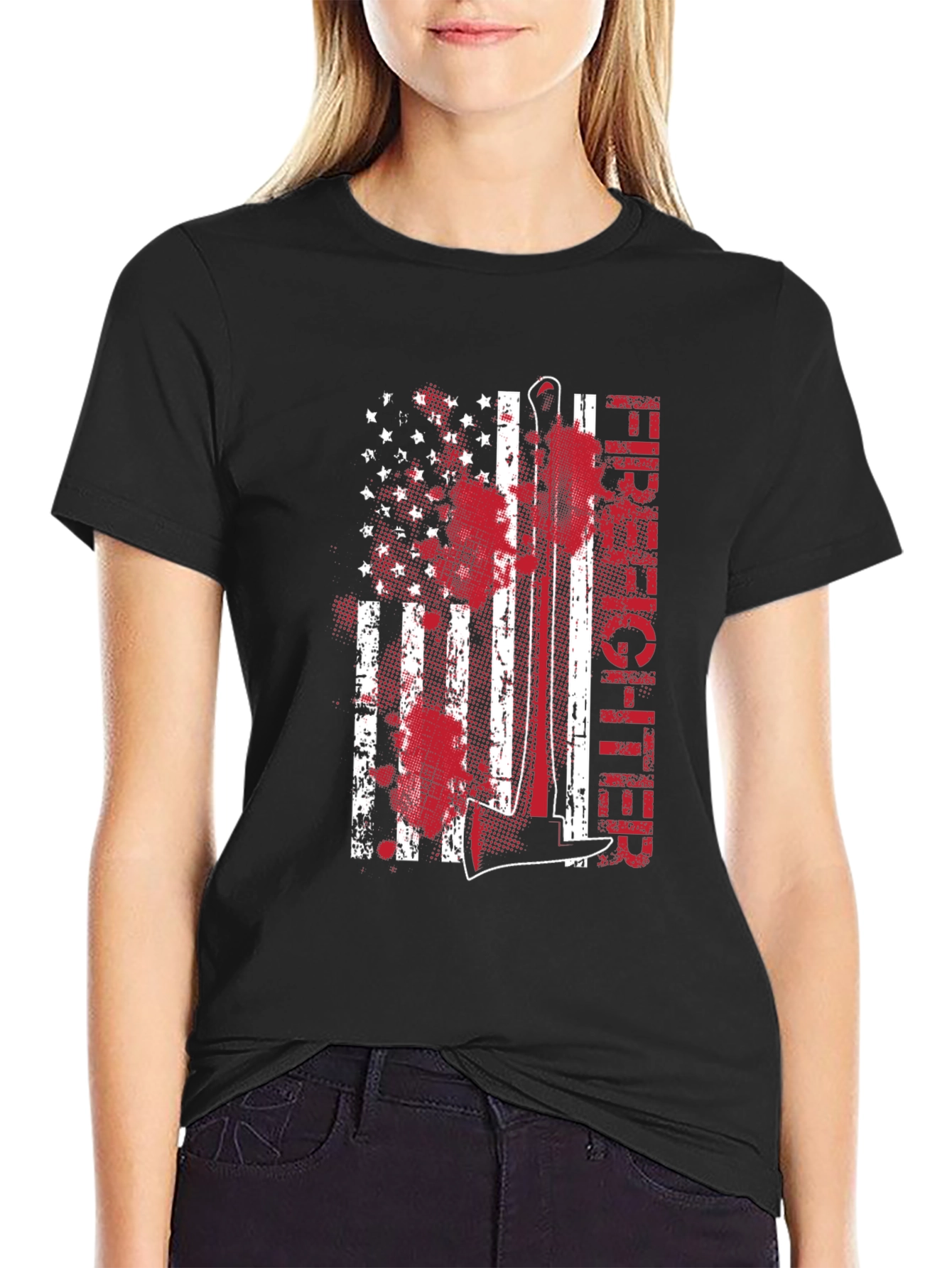 Black Firefighter American Flag Graphic Tee view 2