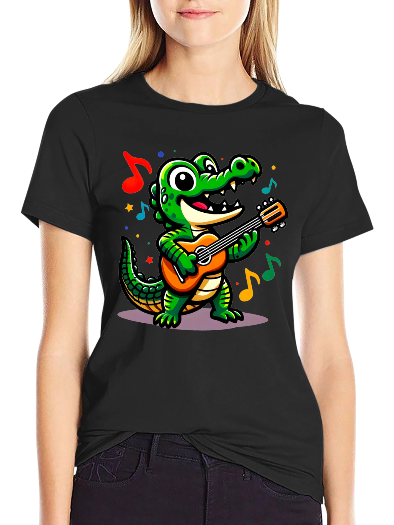 Black Cartoon Alligator Guitar T-Shirt view 2