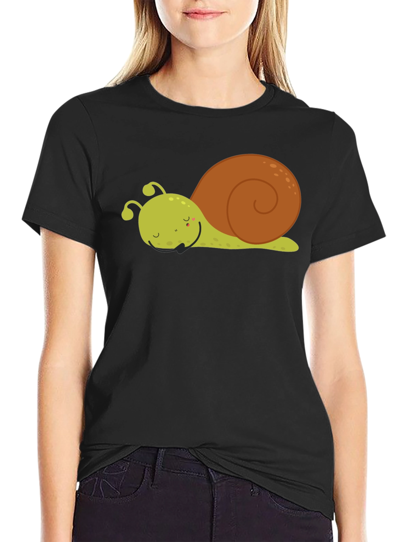 Black Cute Cartoon Snail Graphic Tee - Unisex Black T-Shirt view 2