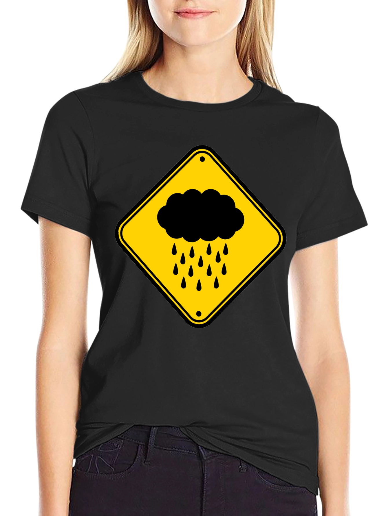 Black Rainy Day Warning T-Shirt - Black Cotton Tee view 2