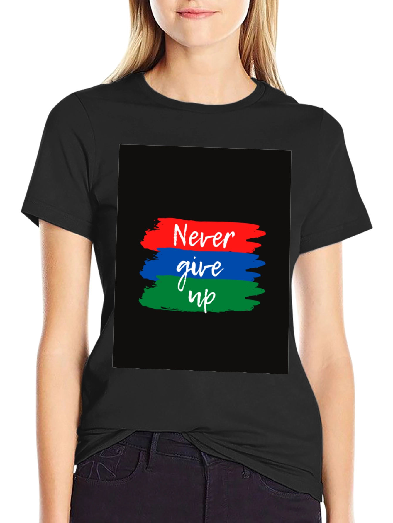 Black Never Give Up Graphic T-Shirt view 2