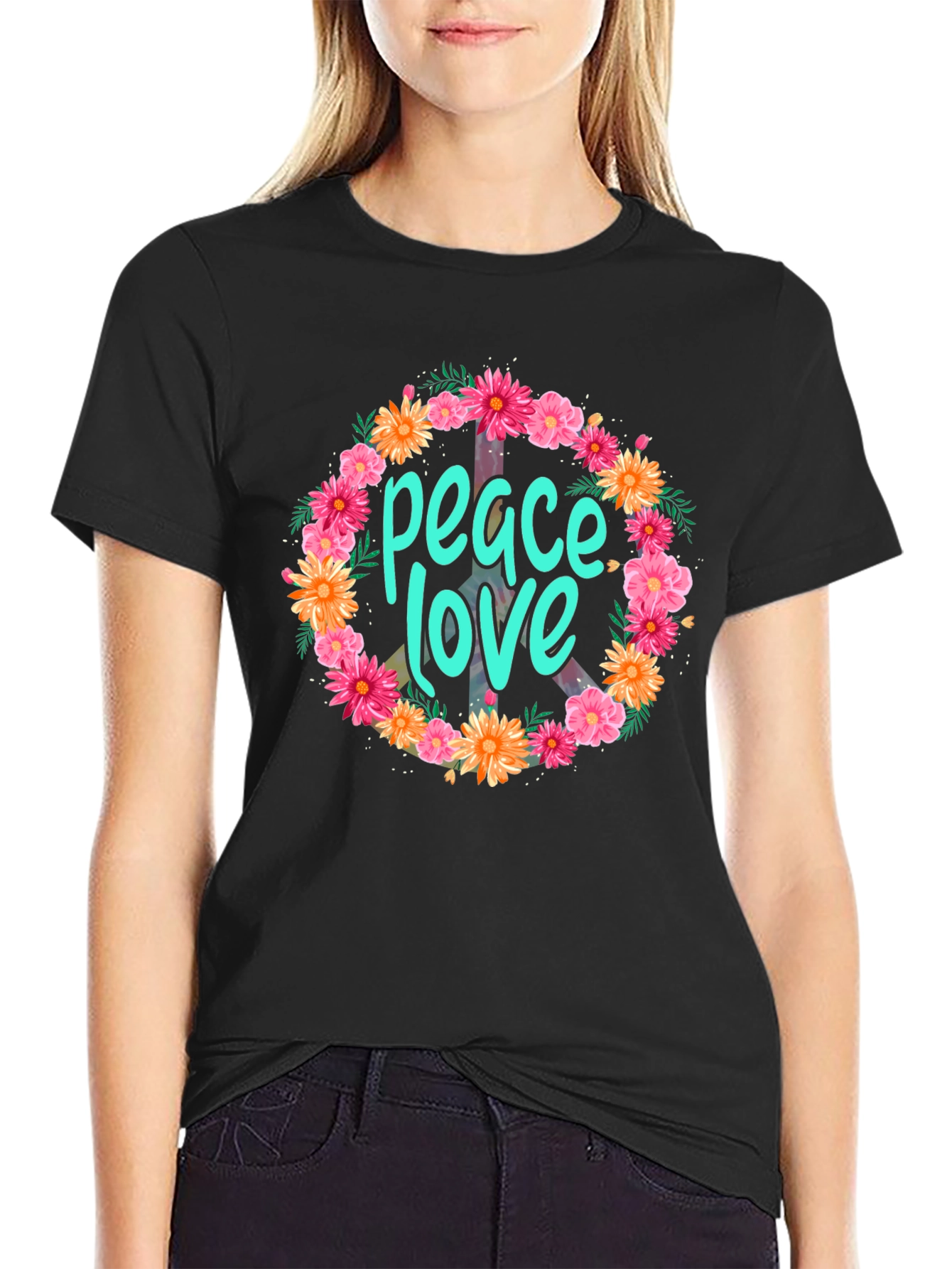 Black Peace Love Floral Wreath Graphic T-Shirt view 2