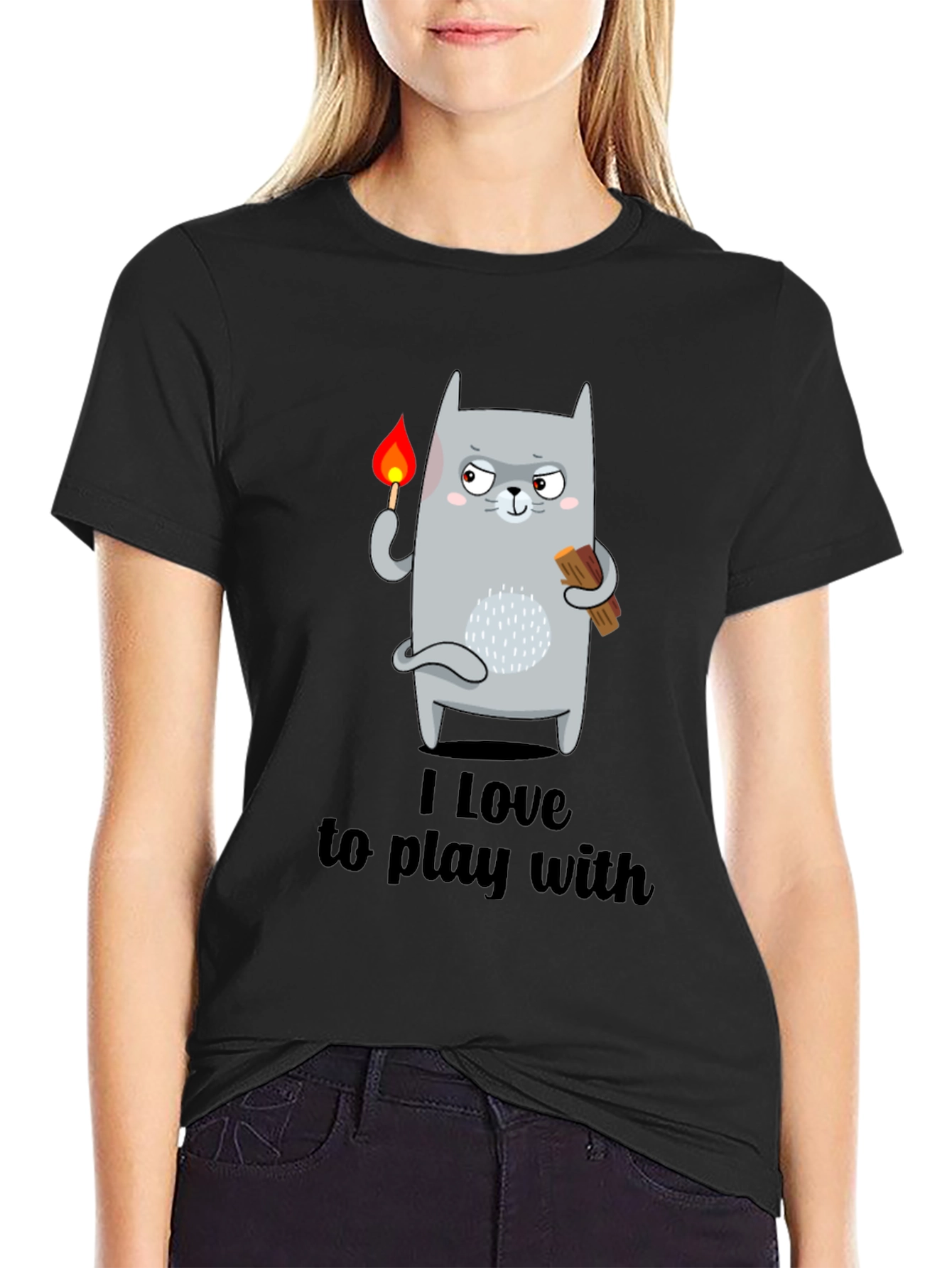 Black I Love To Play With Funny Cat T-Shirt view 2