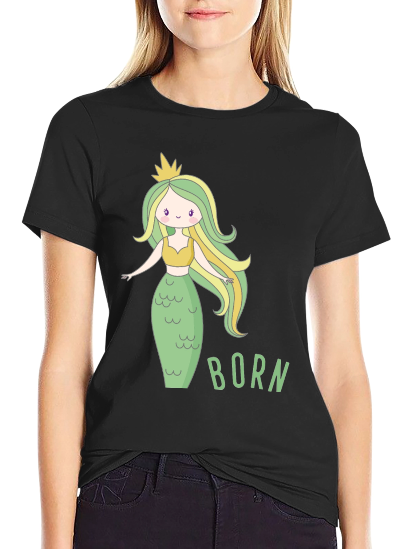Black Mermaid Born T-Shirt - Cute Cartoon Graphic Tee view 2