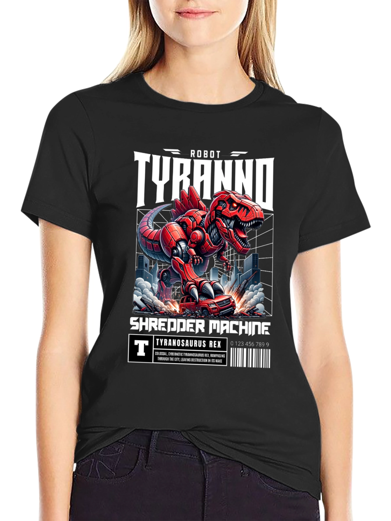 Black Robot Tyranno Shredder Machine T-Shirt view 2