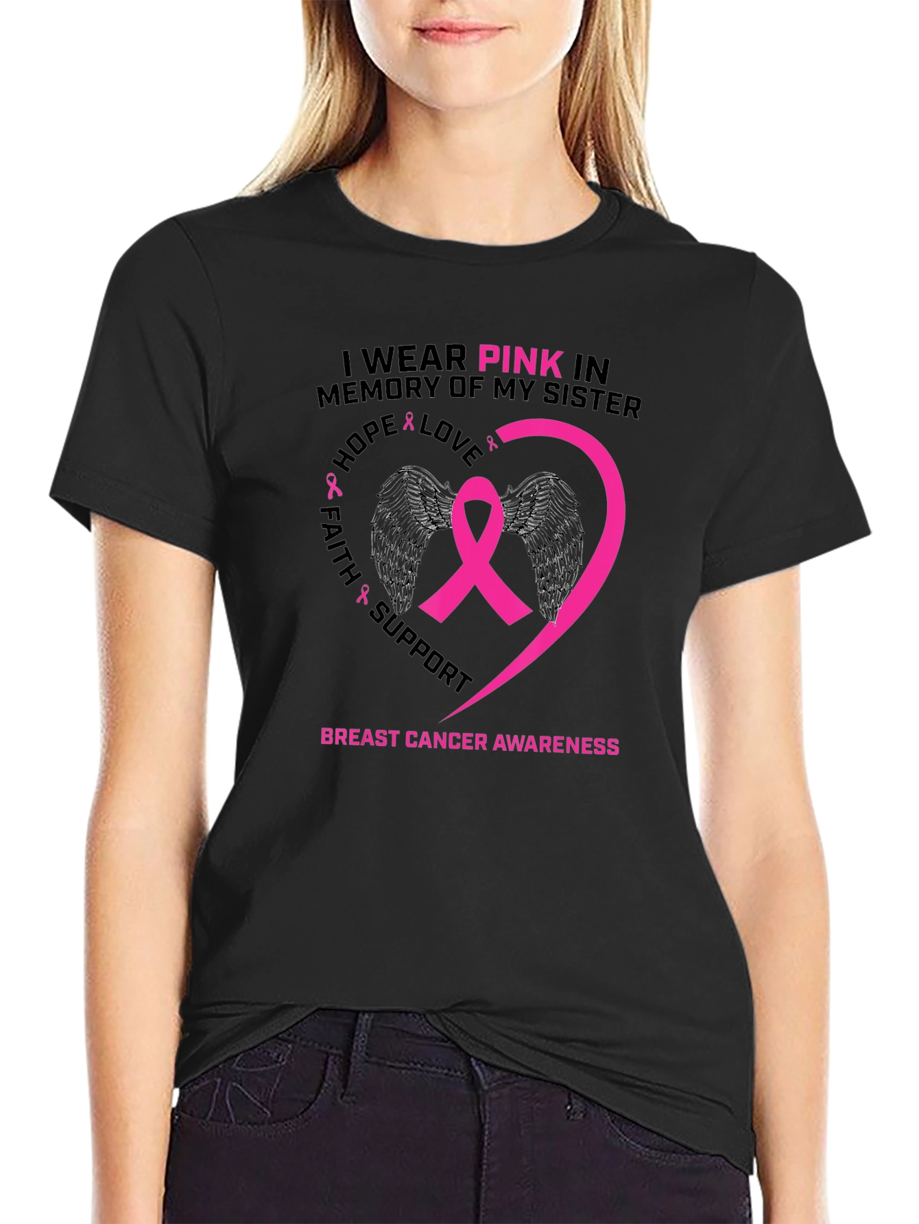 Black Pink Ribbon Breast Cancer Awareness T-Shirt view 2