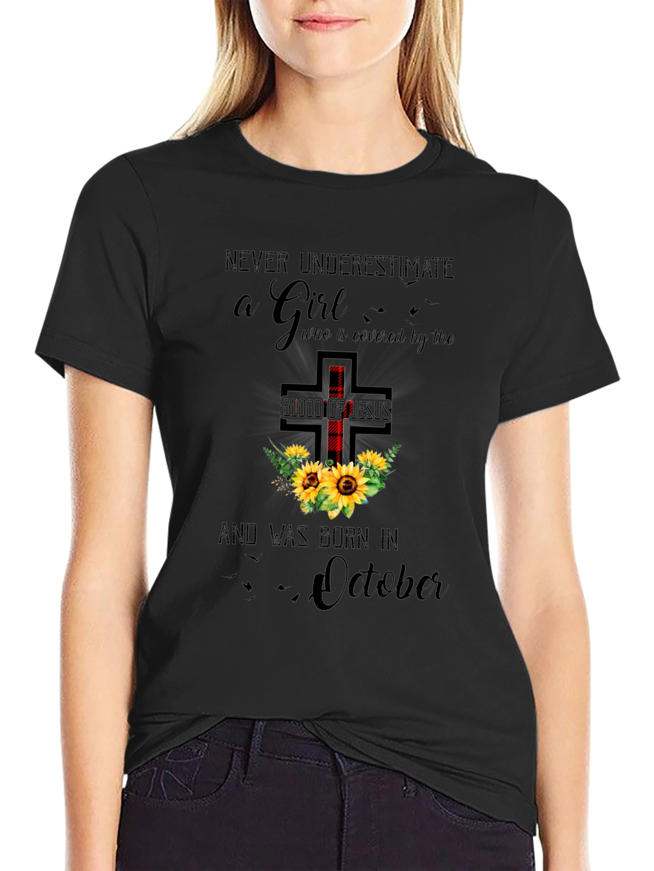 Black Never Underestimate a Girl Born in October T-Shirt view 2