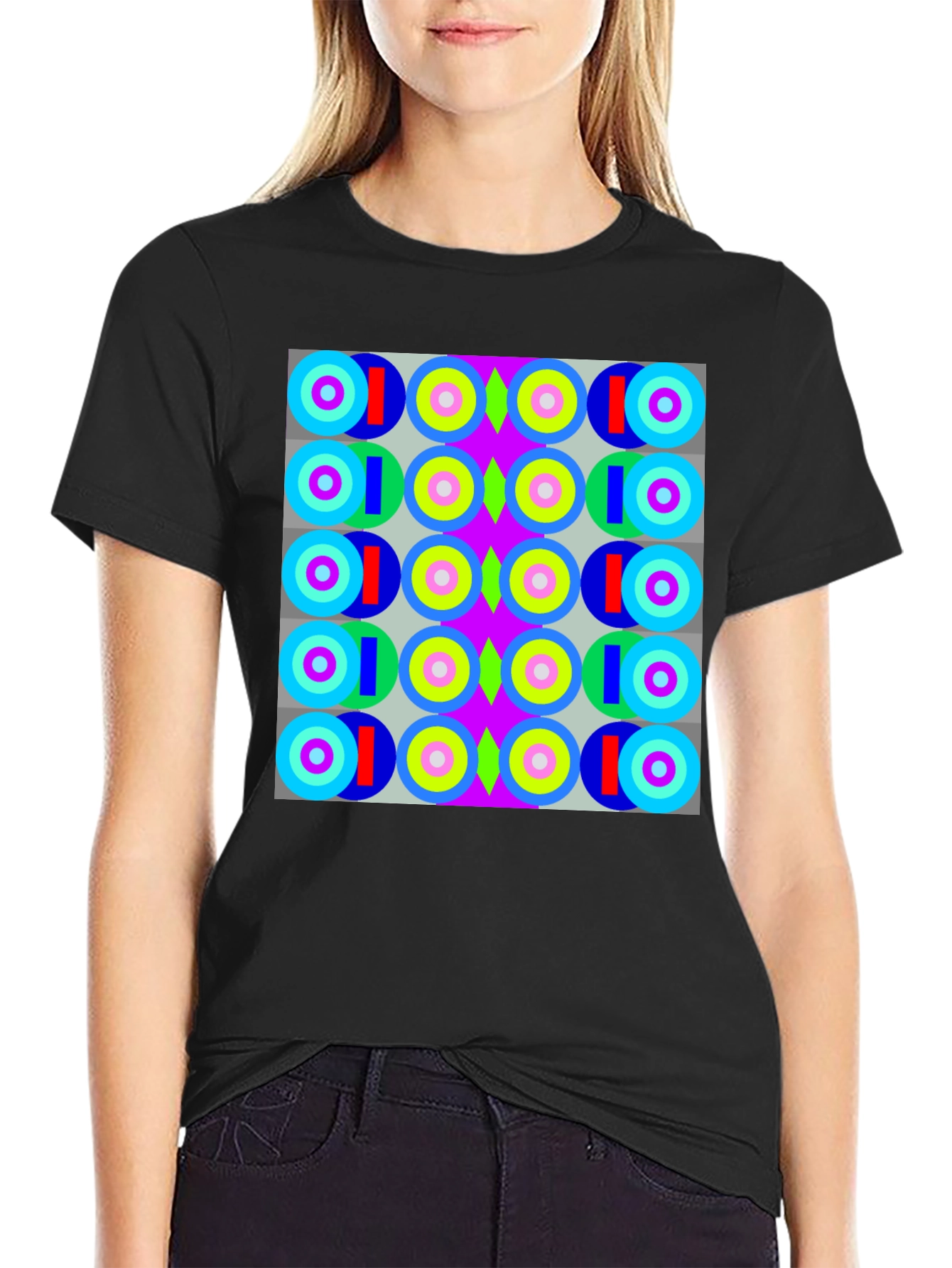 Black Retro Geometric Pattern T-Shirt view 2