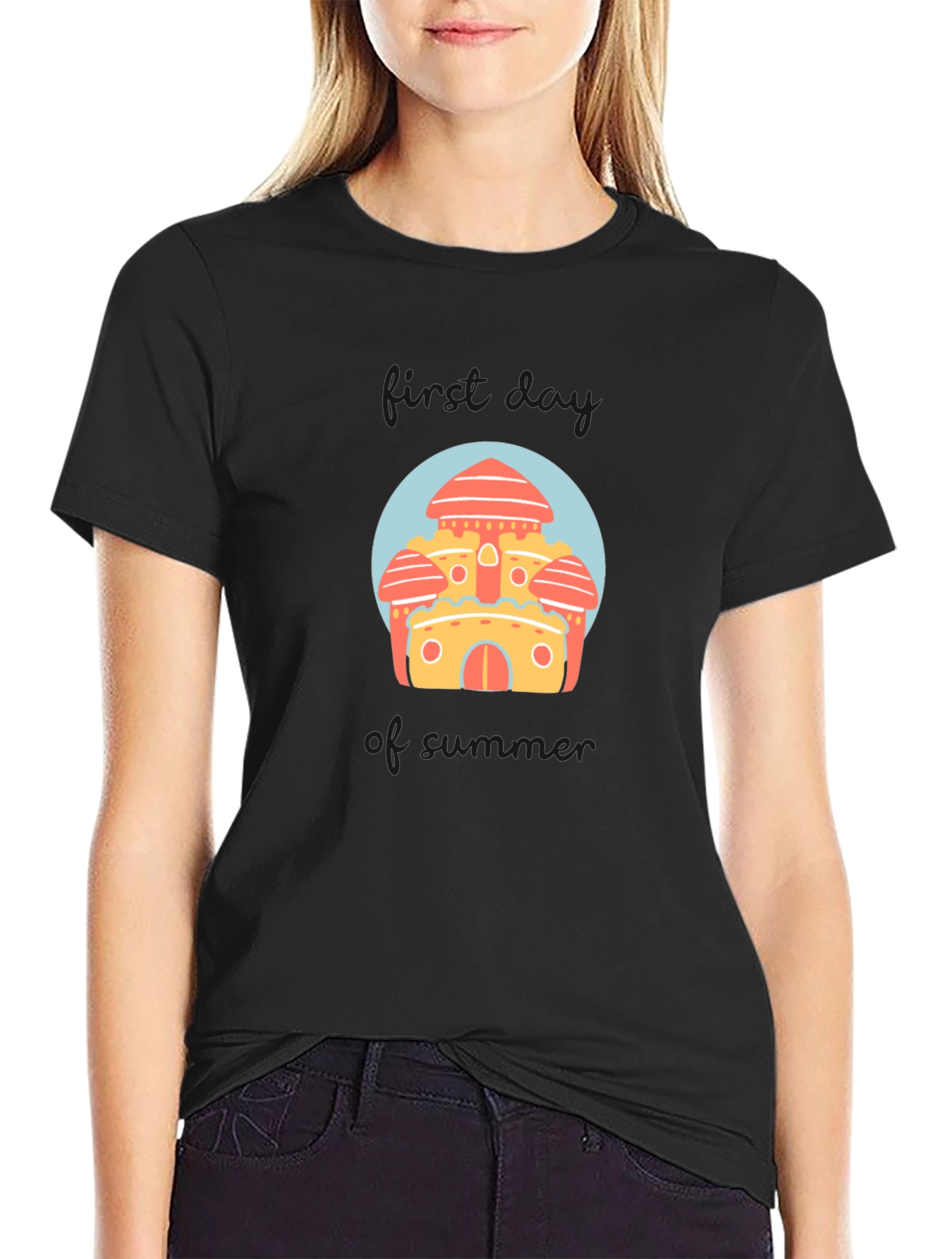 Black Black T-Shirt with Cartoon Castle Graphic view 2