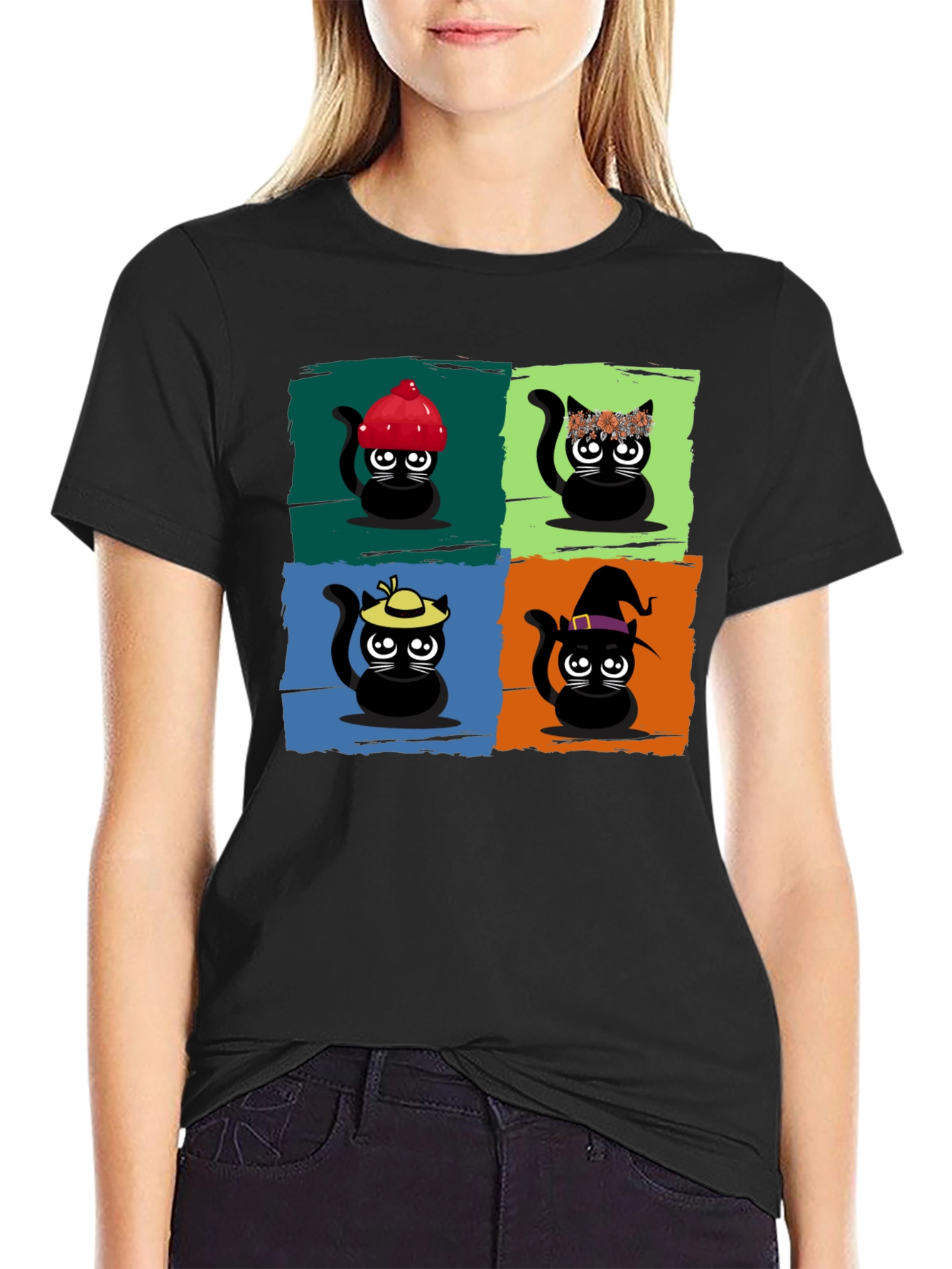 Black Cartoon Cats Black T-Shirt view 2