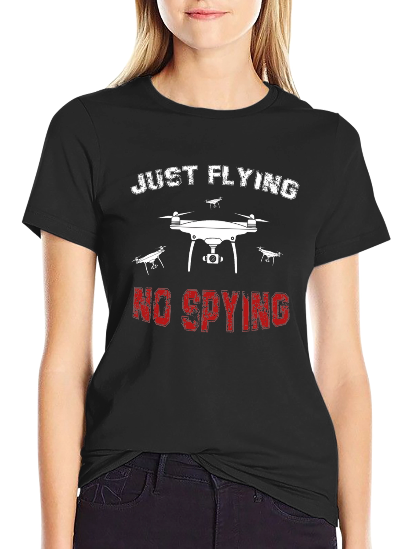 Black Just Flying No Spying Drone Graphic Tee - Black view 2
