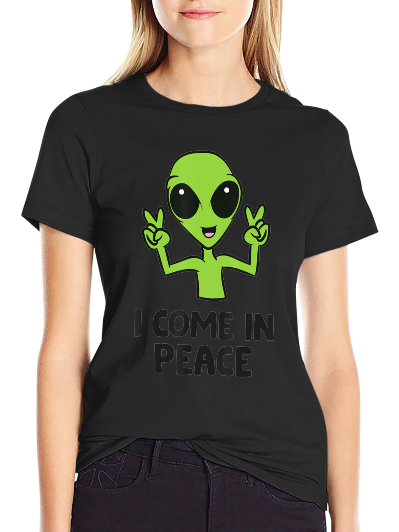 Black I Come In Peace Alien Graphic T-Shirt view 2