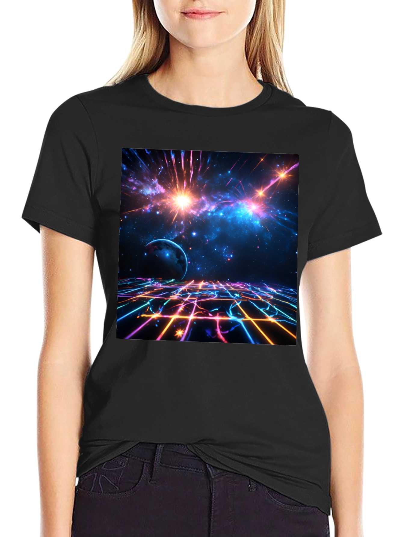Black Nebula Space Graphic Tee - Stylish Black Cotton T-Shirt view 2
