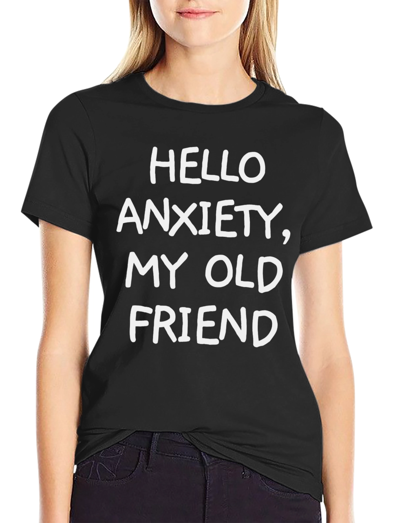 Black Hello Anxiety Graphic Tee - Black Cotton Blend Comfort view 2