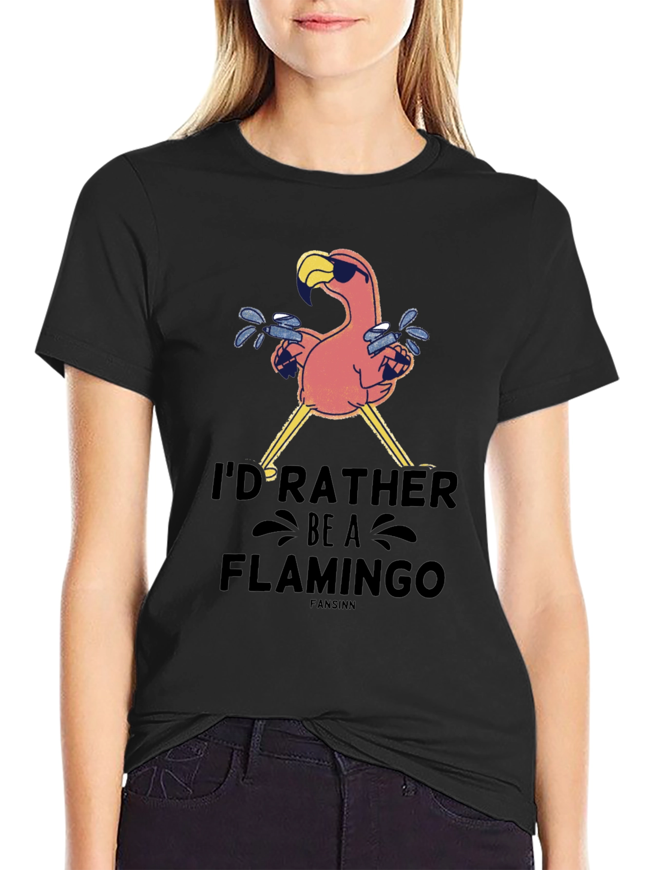 Black I'd Rather Be A Flamingo Black T-Shirt view 2