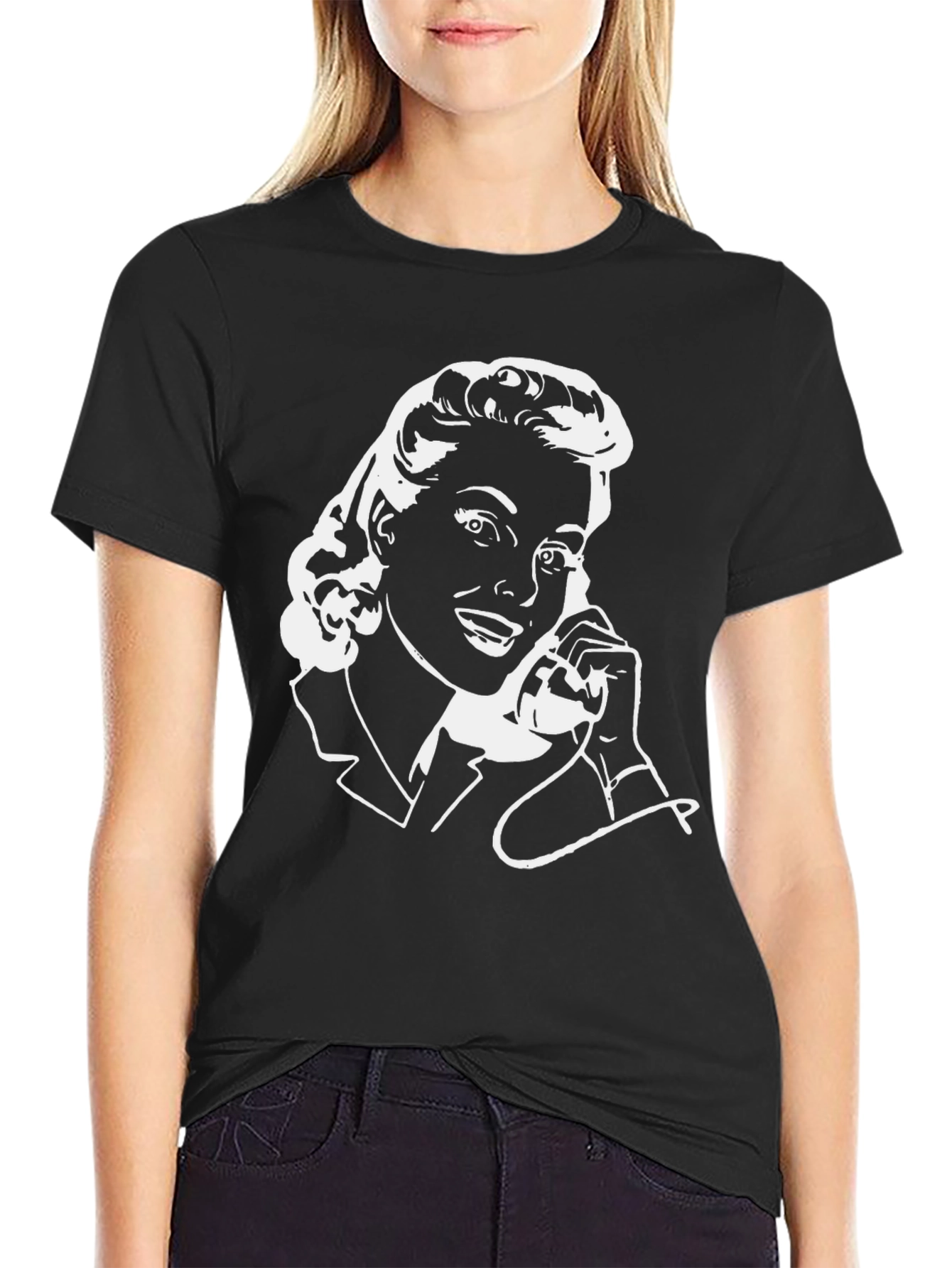 Black Retro Woman On Phone Black T-Shirt view 2