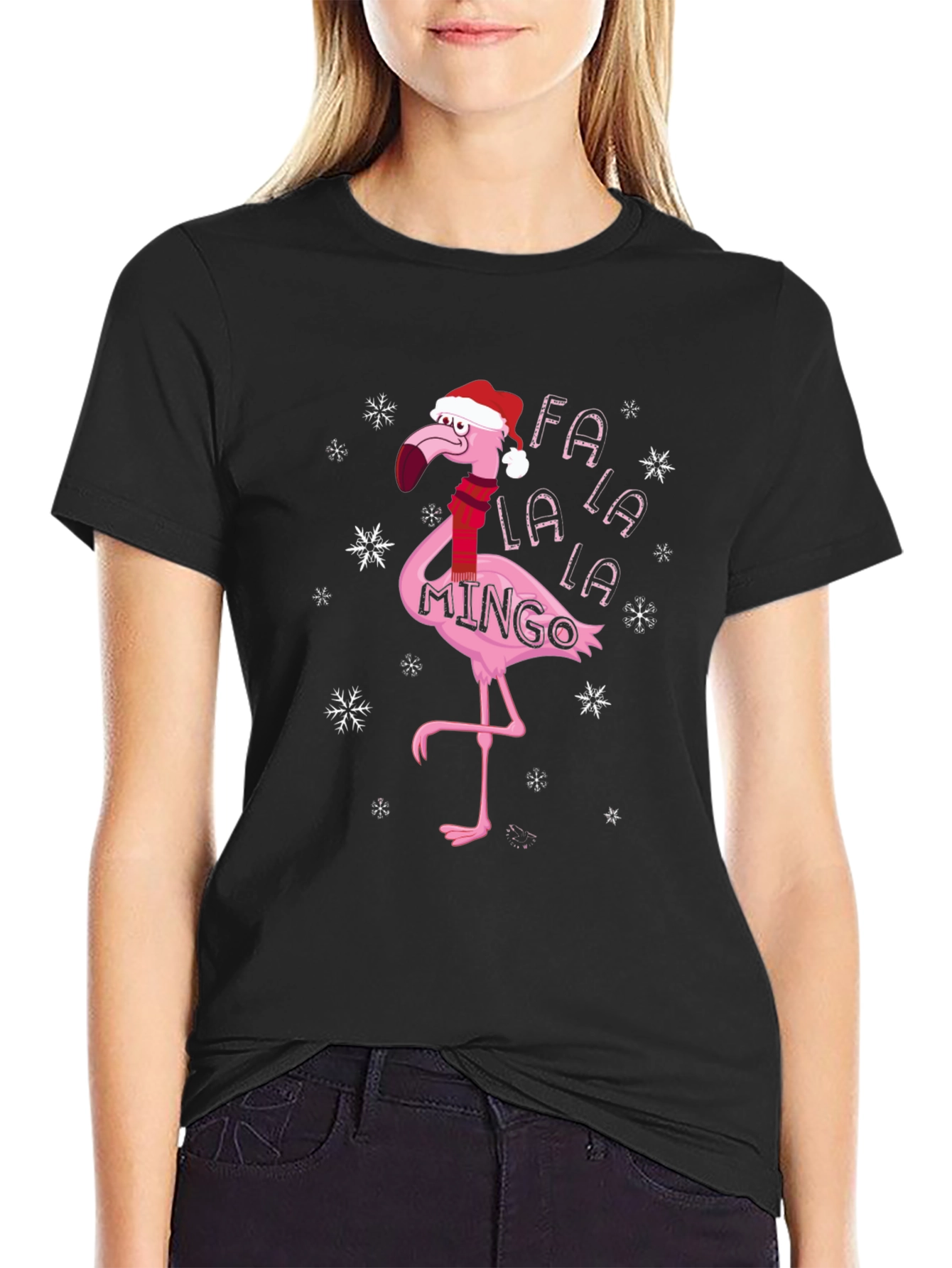 Black Festive Flamingo Christmas T-Shirt - Fa La La La Mingo view 2
