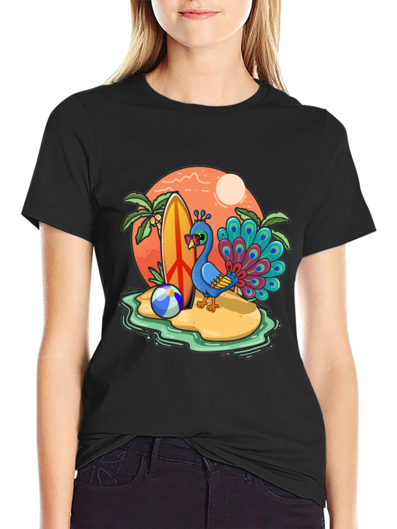 Black Peacock Paradise T-Shirt - Beach Vacation Vibes view 2