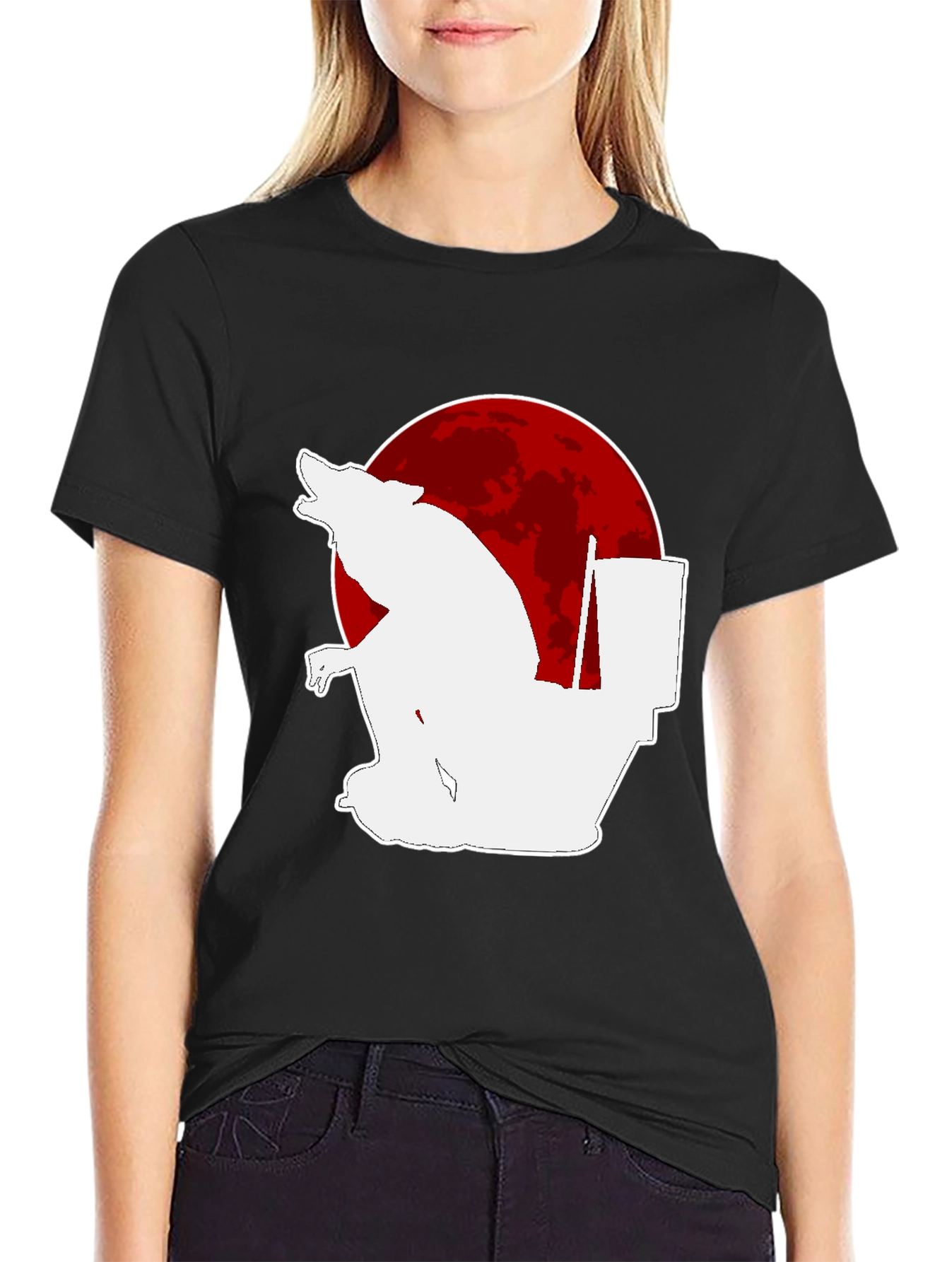 Black Humorous Wolf on Toilet T-Shirt - Black view 2