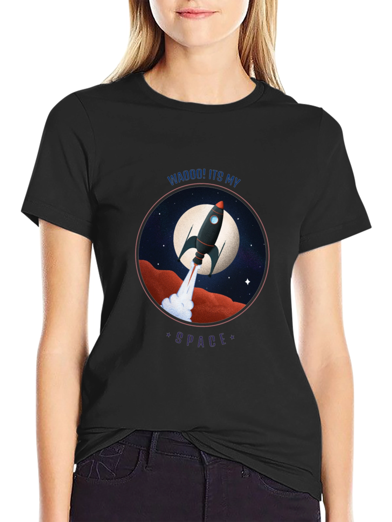 Black Rocket in Space Graphic Tee view 2