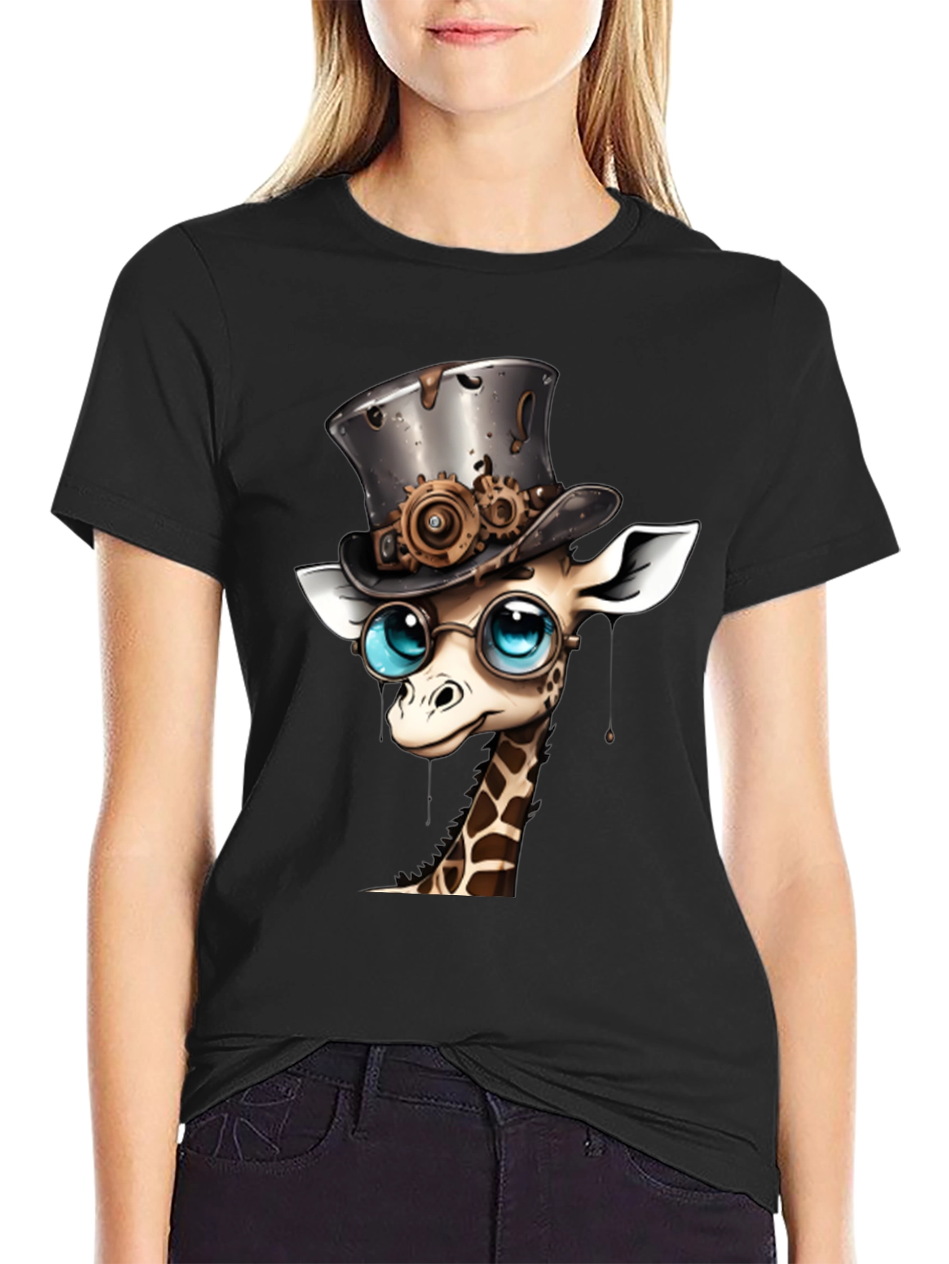 Black Steampunk Giraffe T-Shirt - Whimsical Animal Top view 2