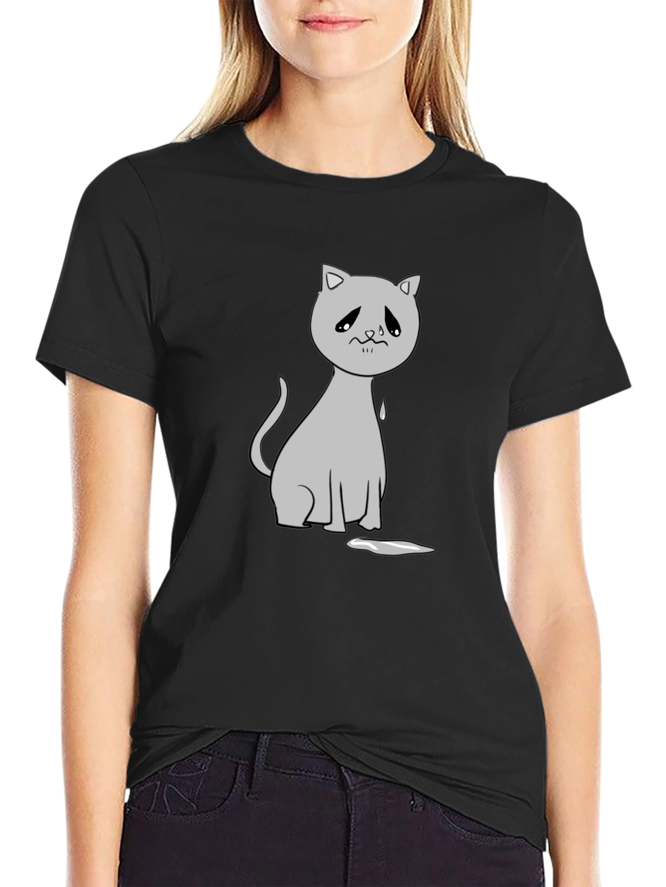 Black Sad Cat Graphic Tee - Unisex Black T-Shirt view 2