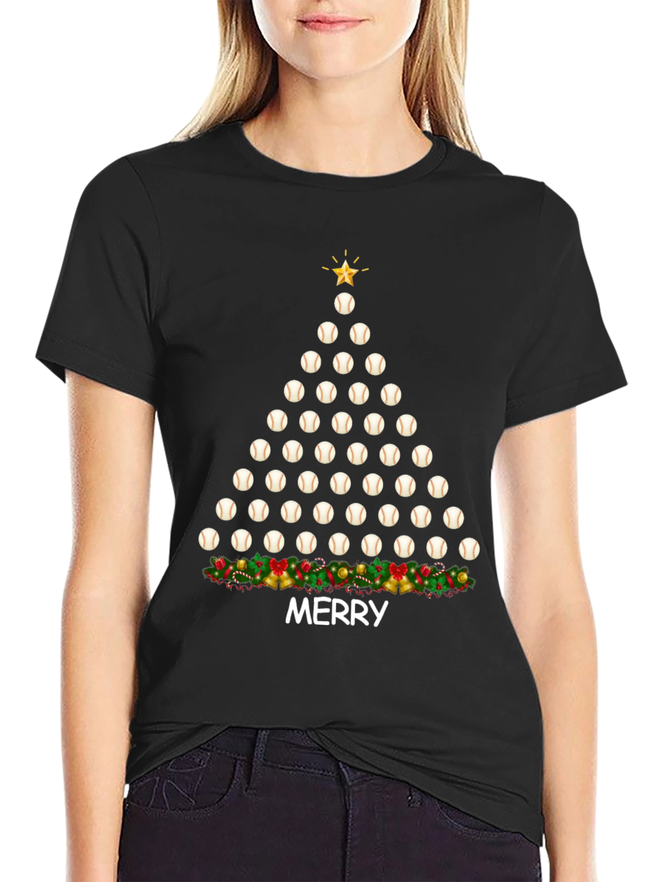 Black Baseball Christmas Tree T-Shirt view 2