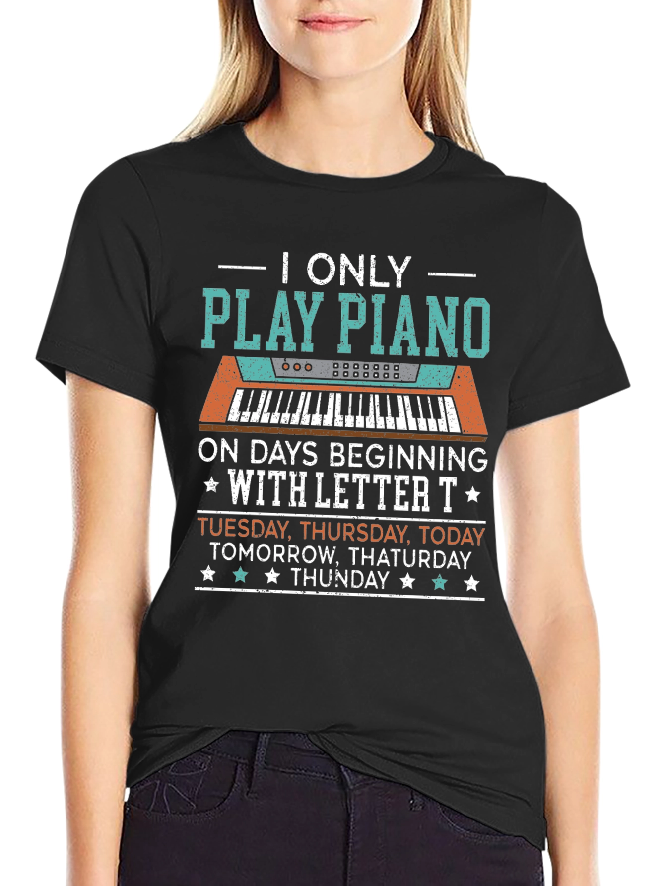Black Piano Player T-Shirt: Days Beginning with "T" view 2