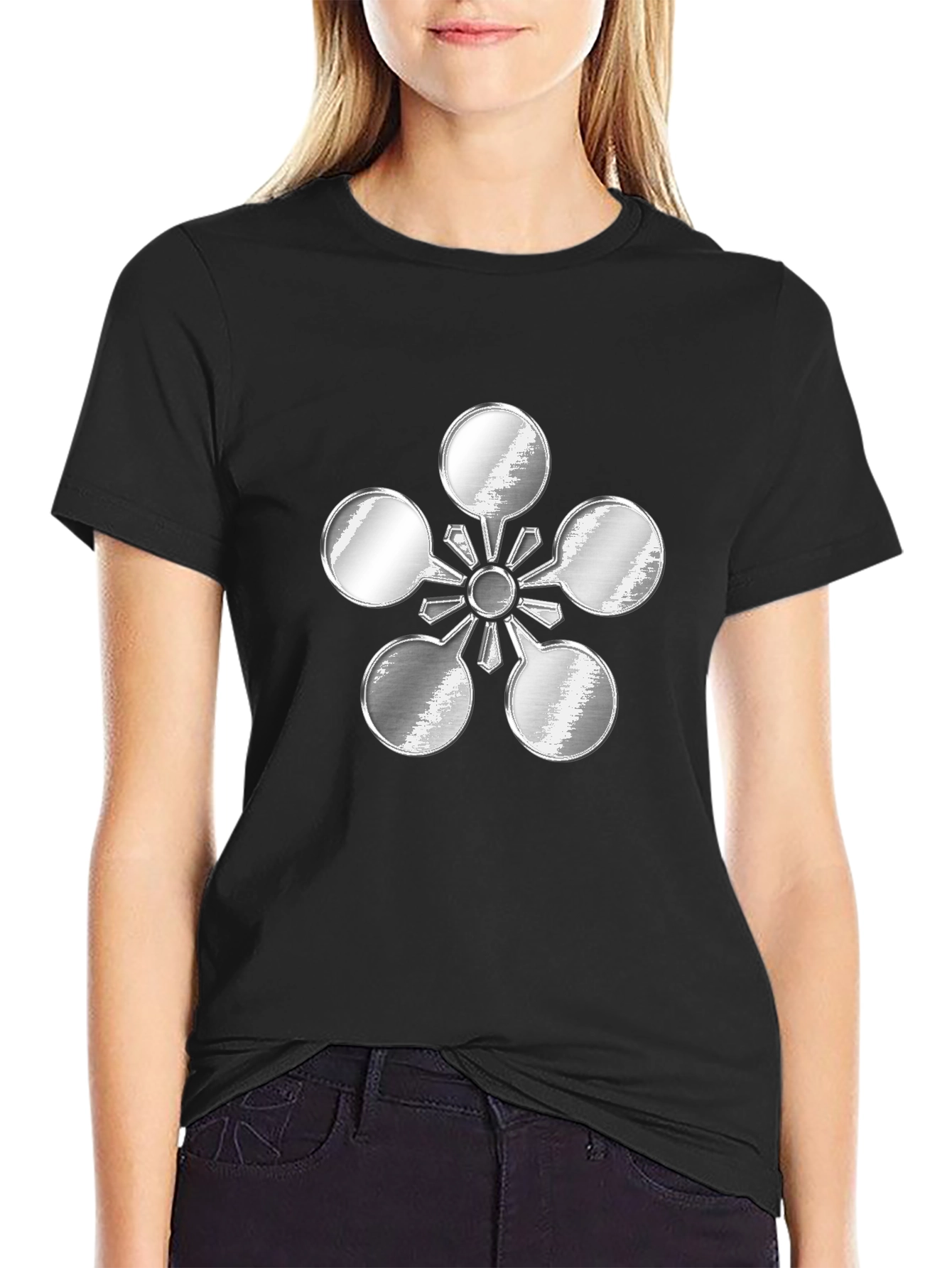 Black Abstract Metal Flower Design Black T-Shirt view 2